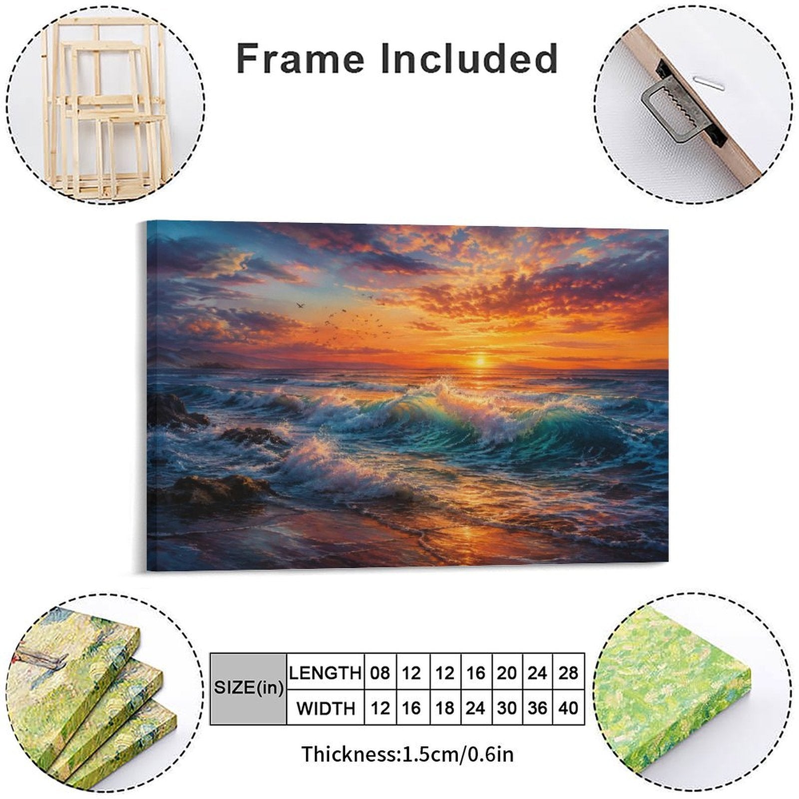 Dramatic Ocean Wave Sunset Framed Canvas Wall Art | Teal Crashing Wave Seascape Print