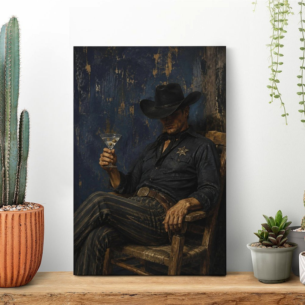Cowboy Sheriff Martini Dark Blue Vintage Framed Canvas Wall Art | Western Noir Figurative Print