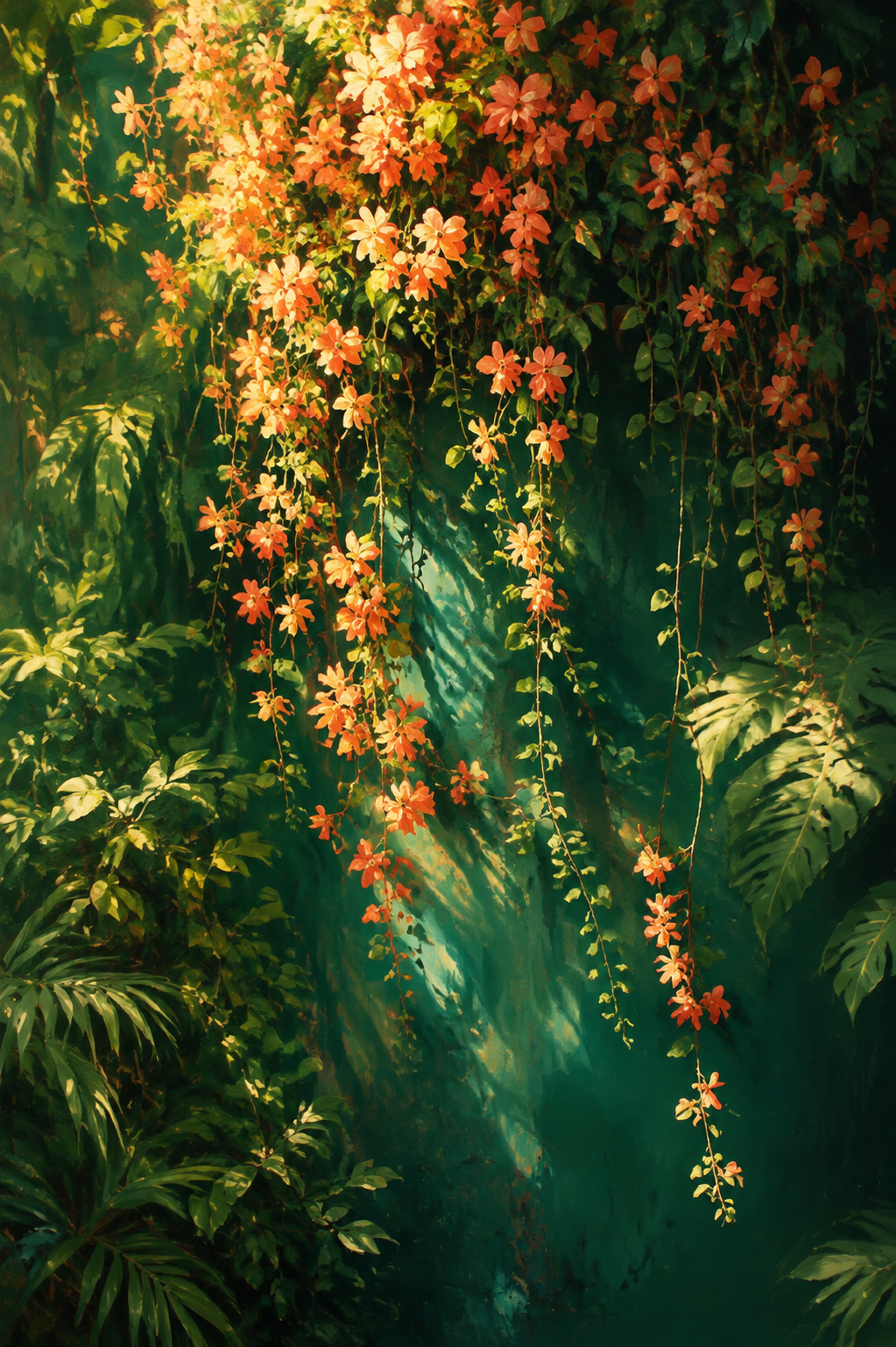 Tropical Rainforest Hanging Orange Flowers Framed Canvas Wall Art | Lush Botanical Nature Print