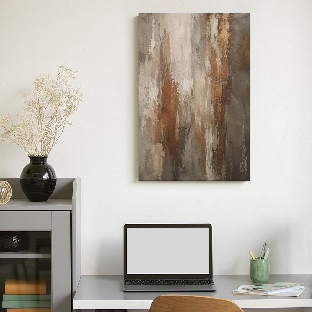 Warm Brown Copper Vertical Textured Abstract Framed Canvas Wall Art | Neutral Wabi-Sabi Print