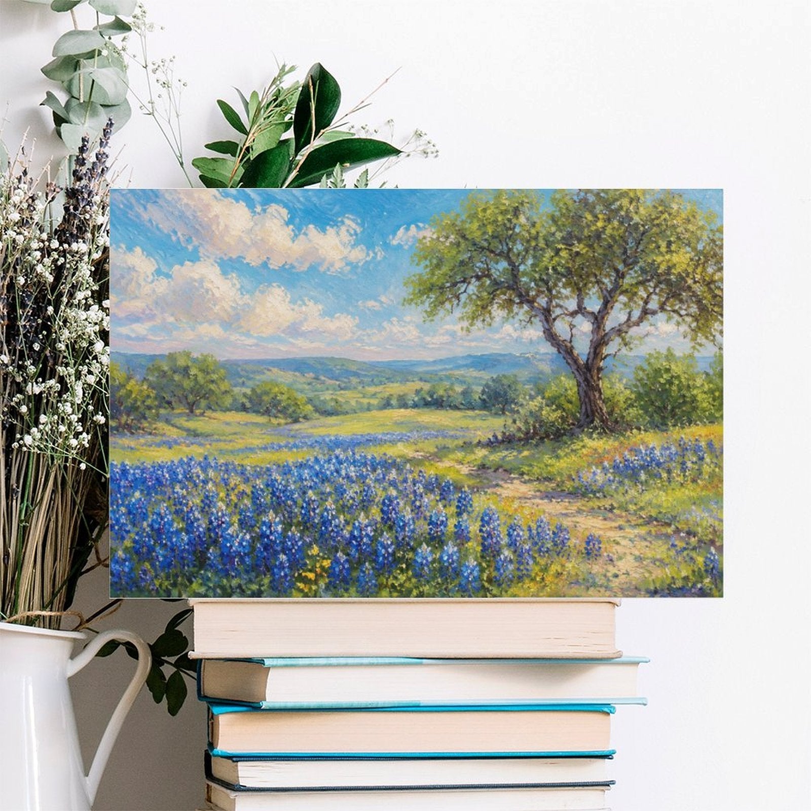 Texas Bluebonnet Field Oak Tree Framed Canvas Wall Art | Impressionist Spring Meadow Print