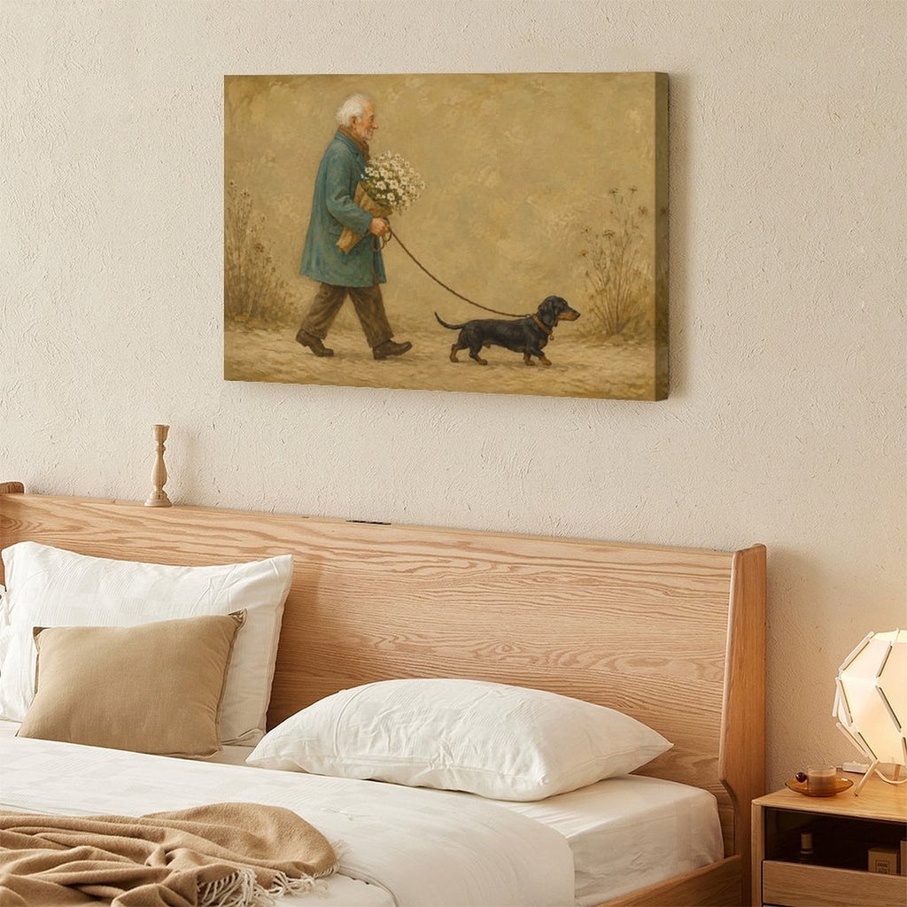 Old Man Walking Dachshund with Daisies Framed Canvas Wall Art | Vintage Heartwarming Dog Print