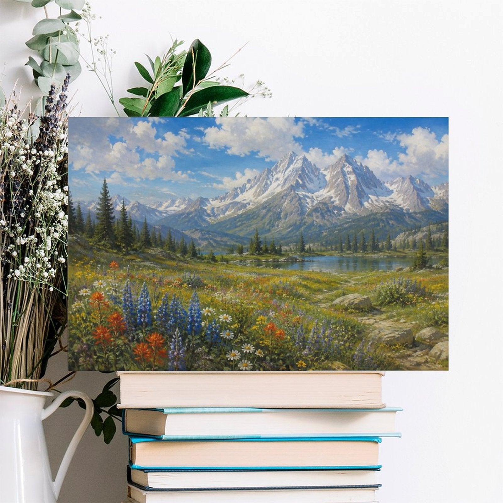 Alpine Wildflower Meadow Snow Mountain Lake Framed Canvas Wall Art | Realist Mountain Landscape Print