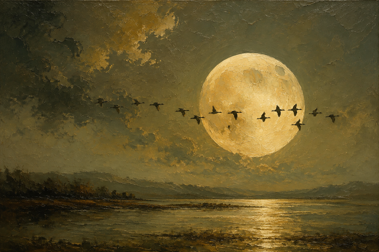Full Moon Migrating Birds Lake Reflection Framed Canvas Wall Art | Old Master Nocturnal Landscape Print