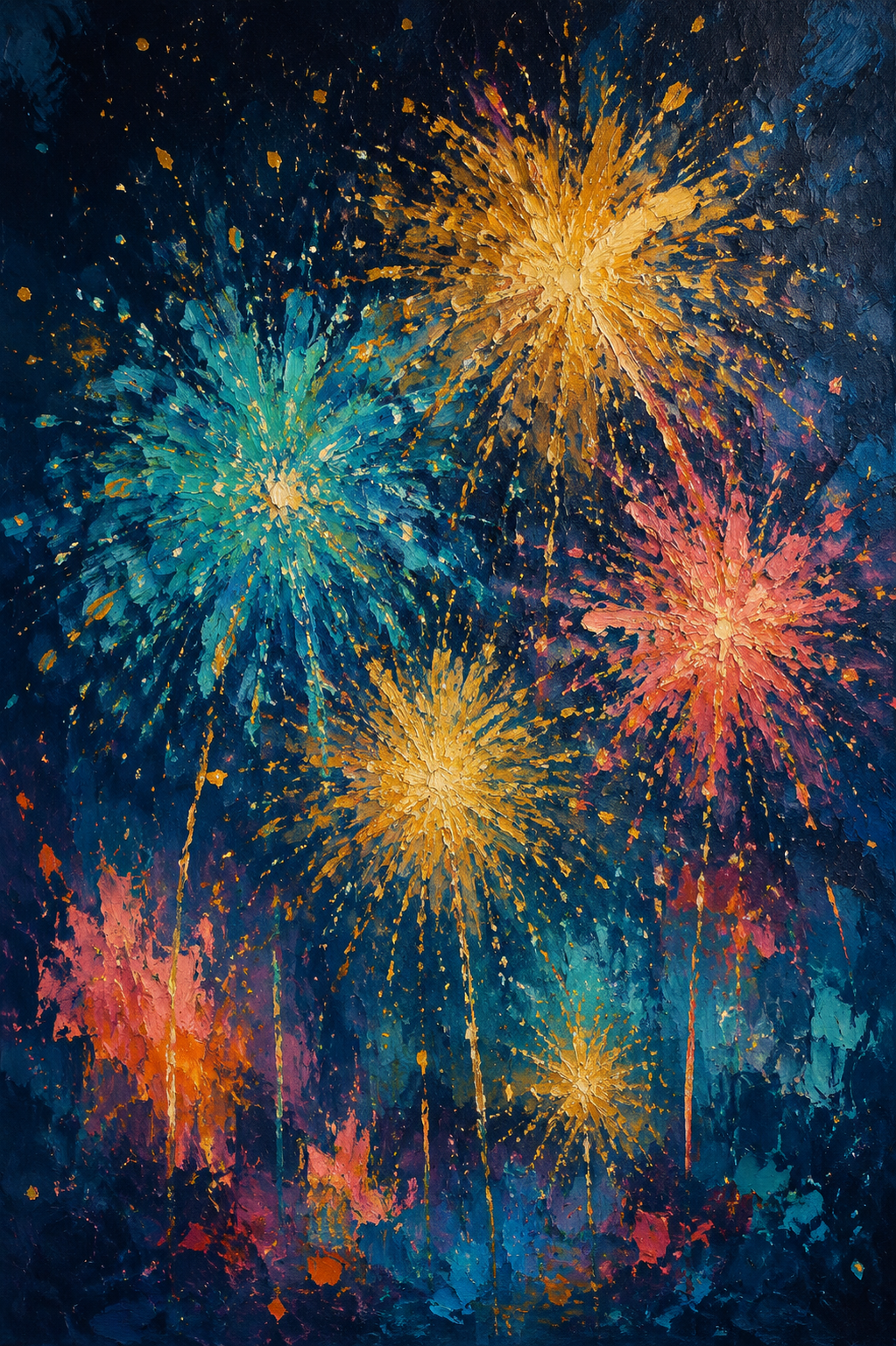 Colorful Fireworks Night Sky Impressionist Framed Canvas Wall Art | Festive Celebration Print