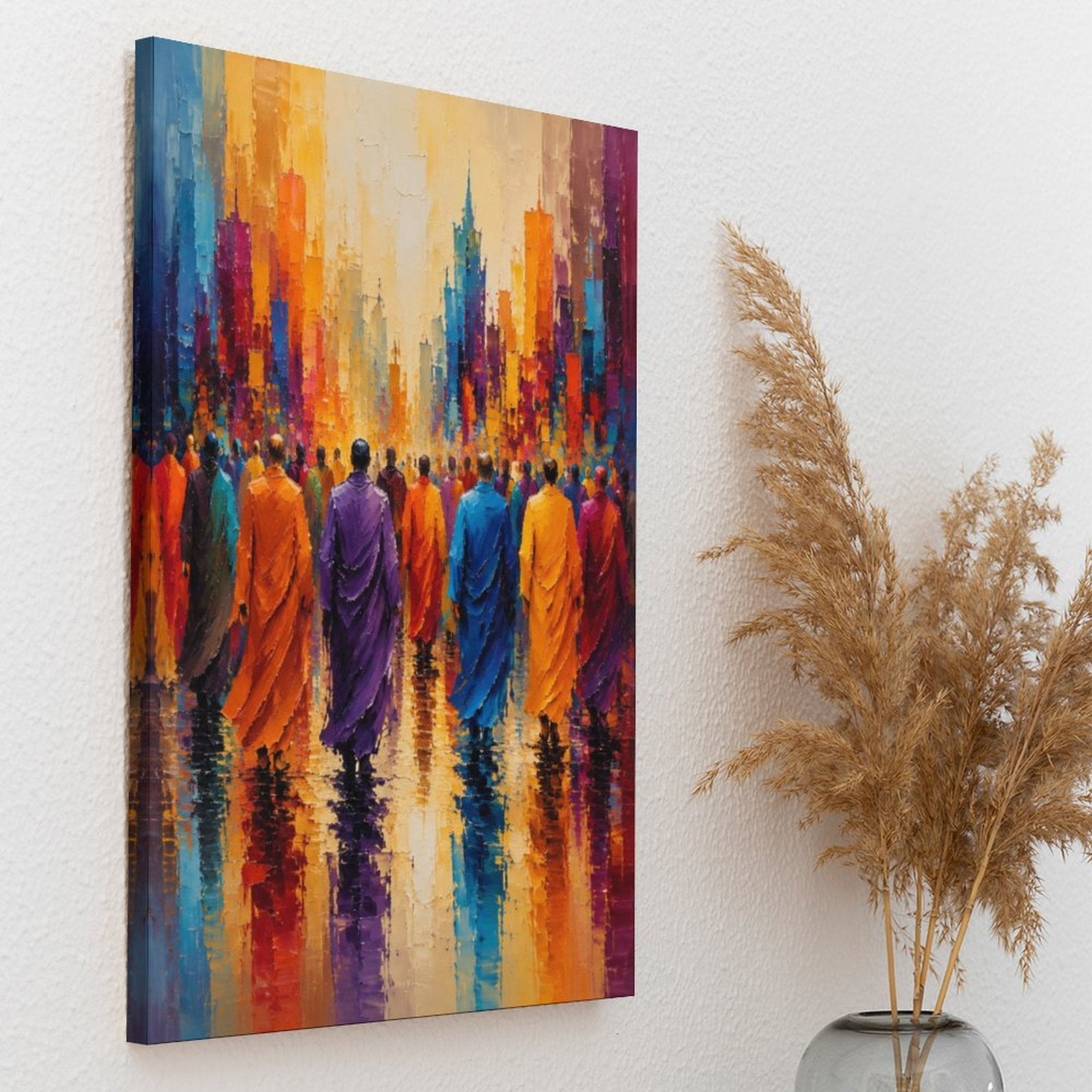 Buddhist Monks Colorful City Walk Framed Canvas Wall Art | Spiritual Expressionist Print