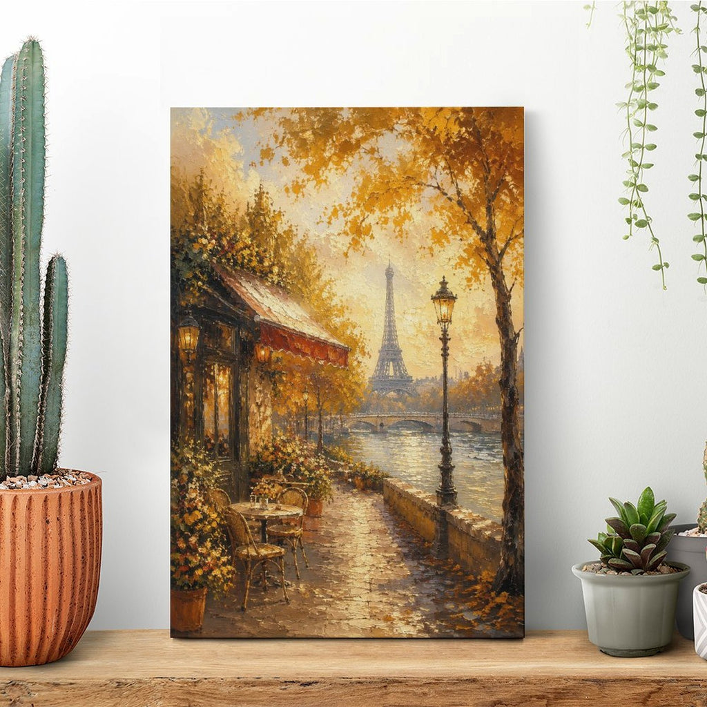 Paris Seine River Autumn Cafe Eiffel Tower Framed Canvas Wall Art | Romantic Impressionist Print