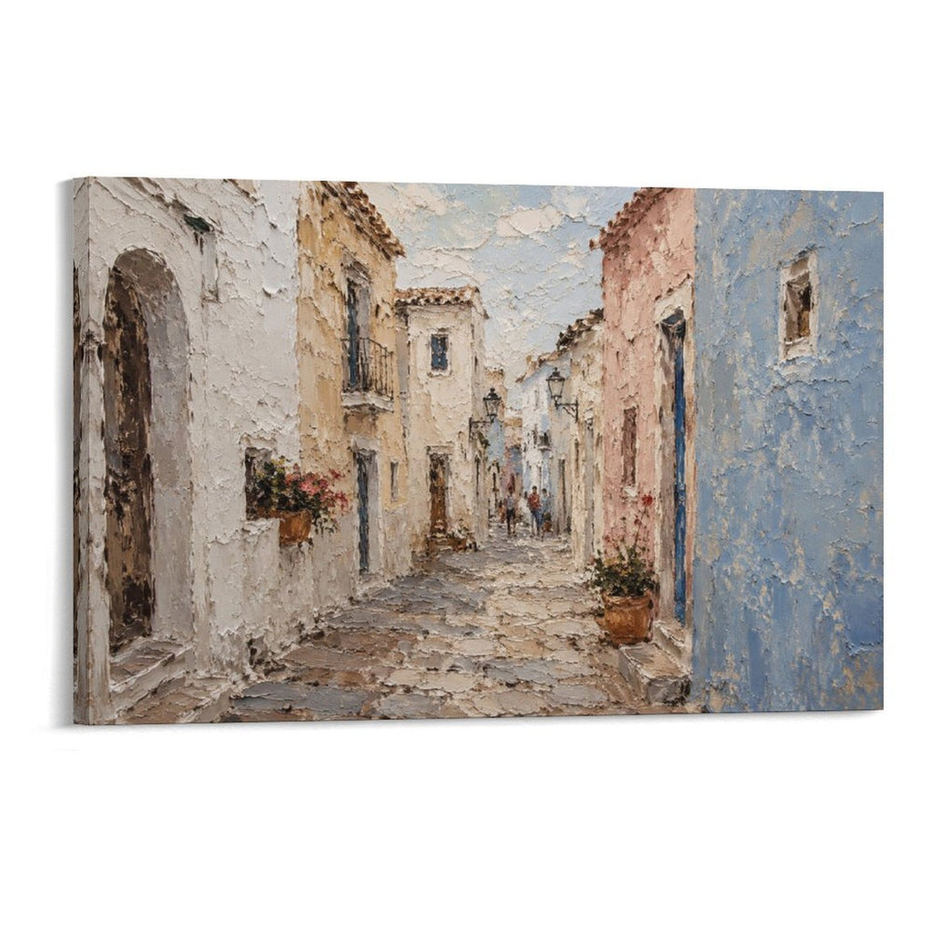 Mediterranean White Village Alley Textured European Street Framed Canvas Wall Art