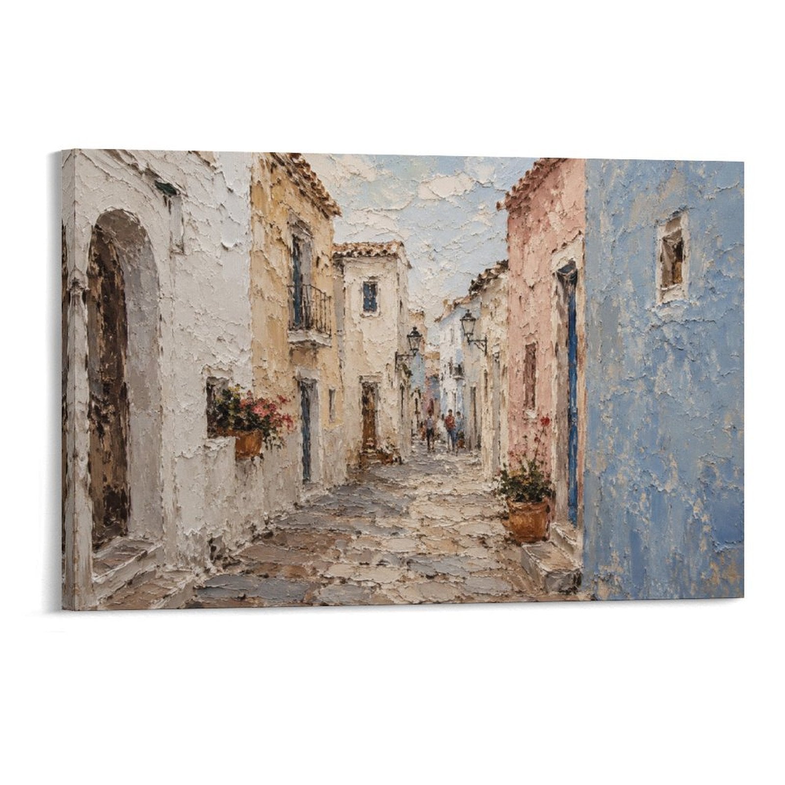 Mediterranean White Village Alley Textured European Street Framed Canvas Wall Art