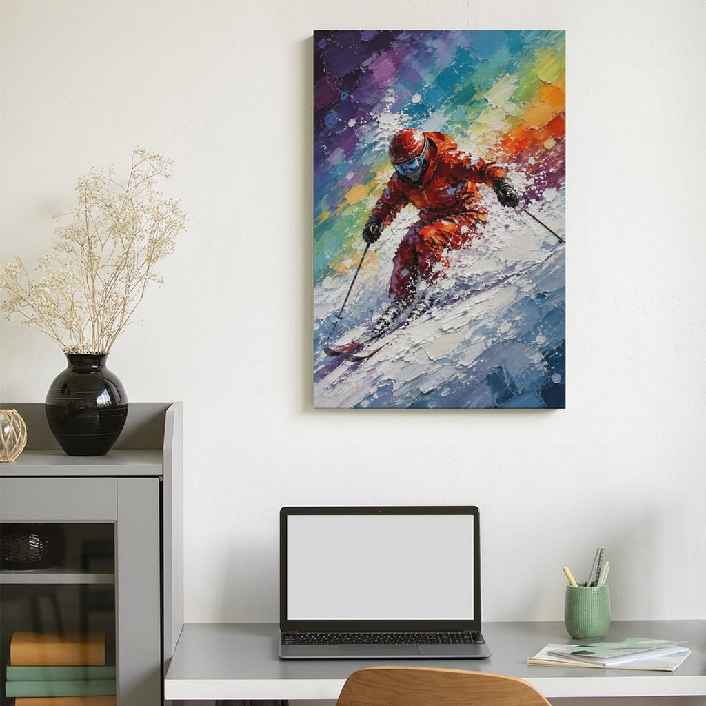 Dynamic Skier Red Suit Colorful Abstract Framed Canvas Wall Art | Winter Sports Textured Print