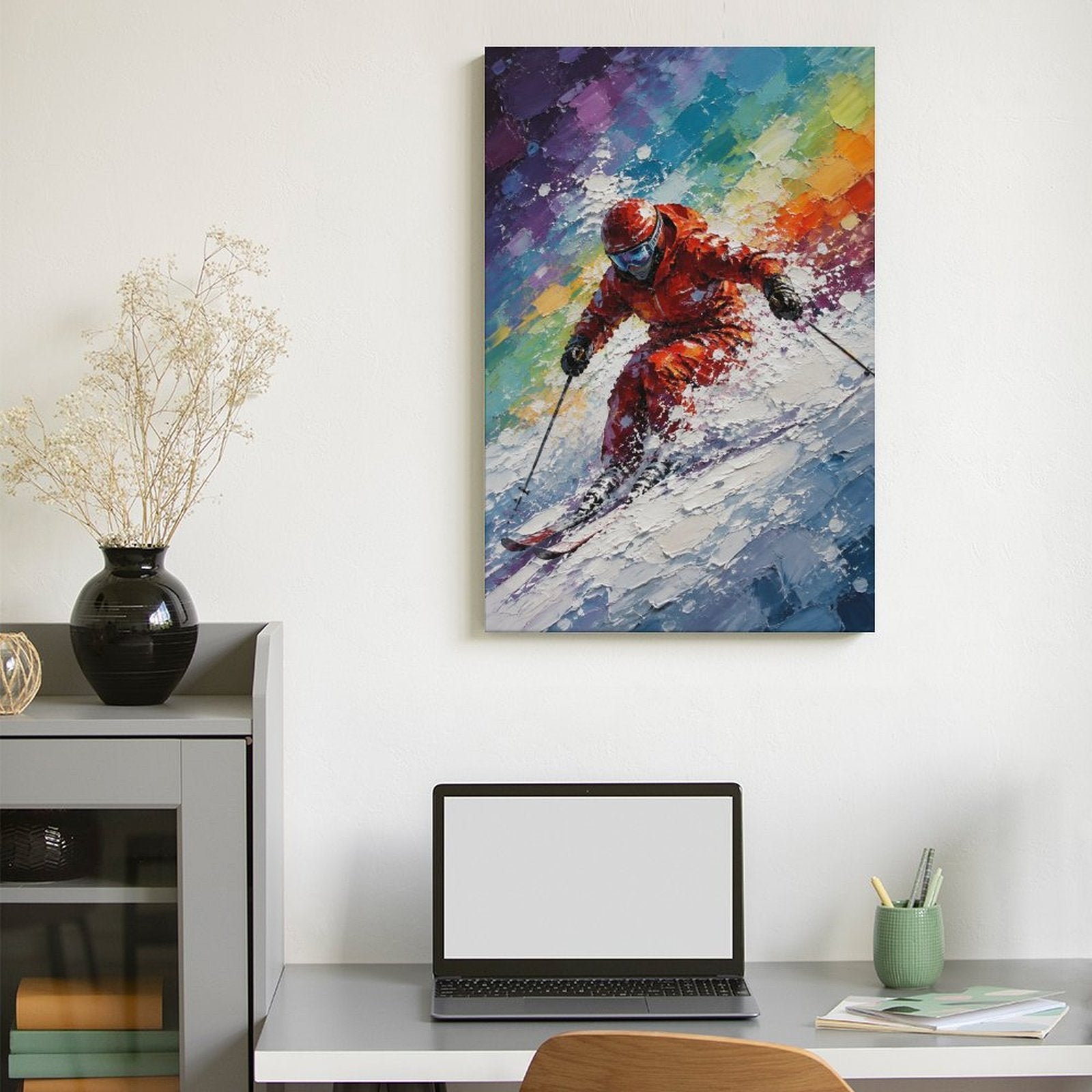 Dynamic Skier Red Suit Colorful Abstract Framed Canvas Wall Art | Winter Sports Textured Print
