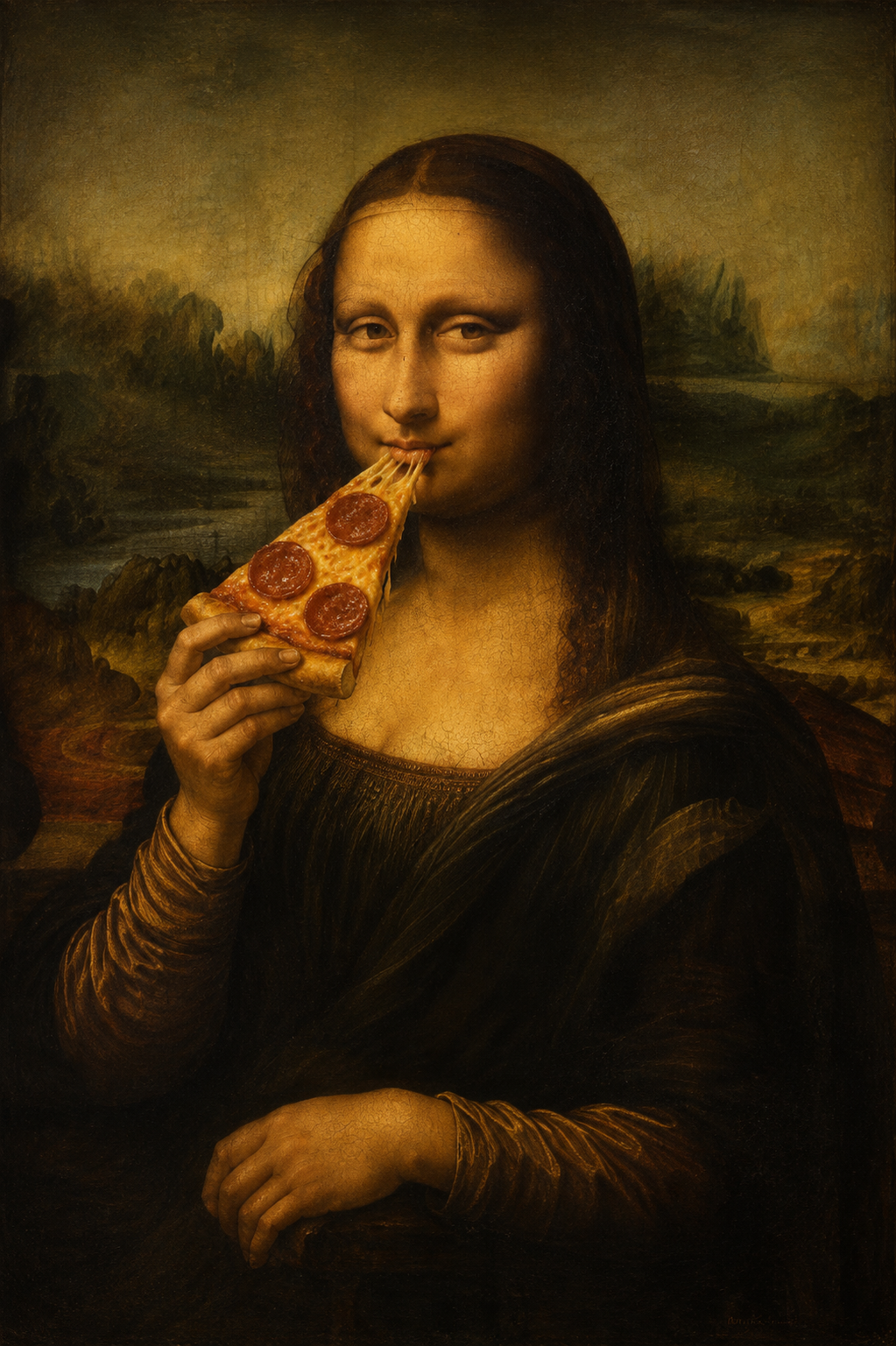Mona Lisa Eating Pizza Funny Framed Canvas Wall Art | Humorous Pop Art Parody Print