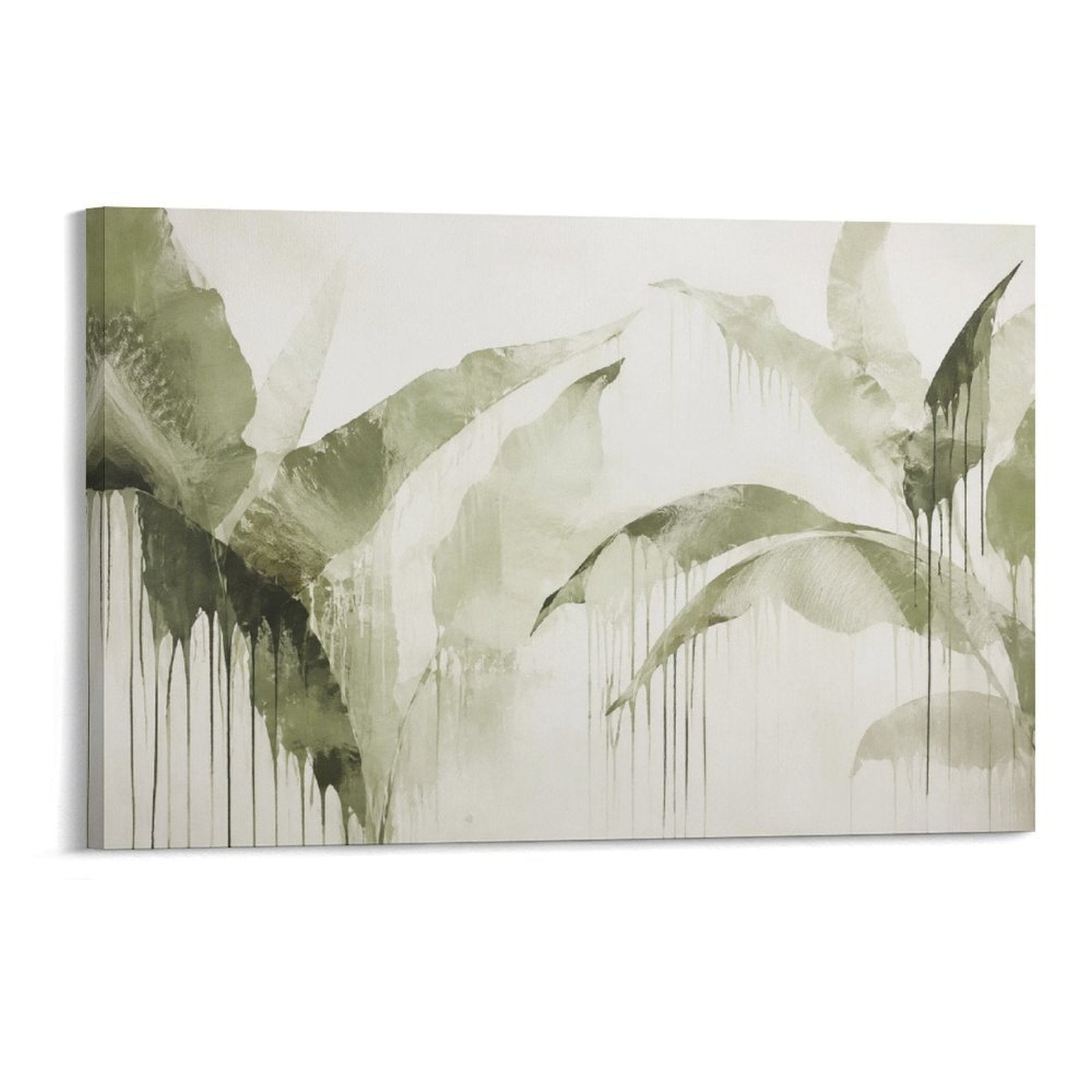 Olive Green Tropical Leaf Drip Watercolor Minimalist Botanical Framed Canvas Wall Art