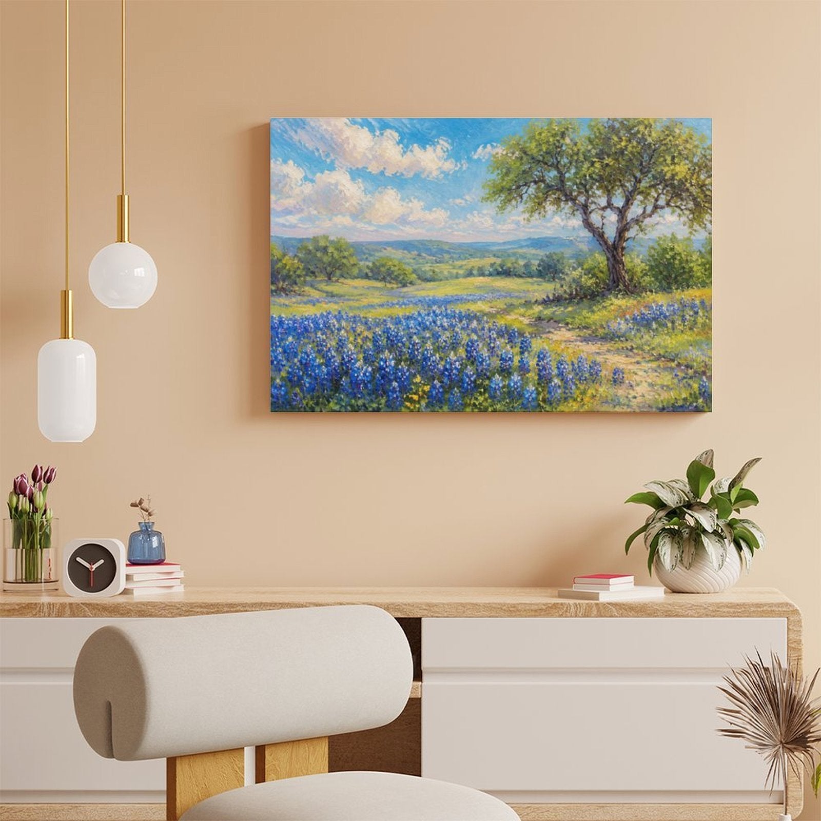 Texas Bluebonnet Field Oak Tree Framed Canvas Wall Art | Impressionist Spring Meadow Print