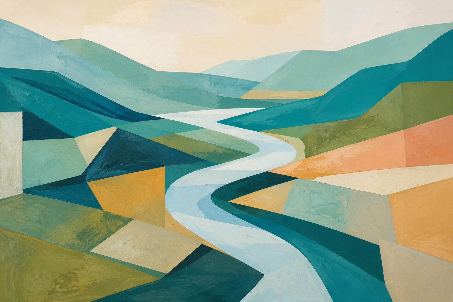 Geometric Abstract Valley River Framed Canvas Wall Art | Mid-Century Modern Landscape Print