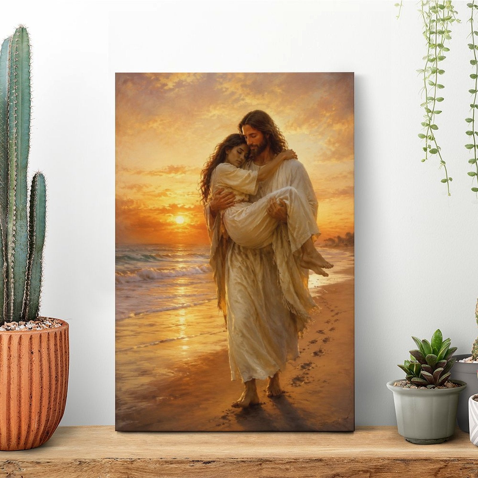 Jesus Carrying Woman Footprints Beach Sunset Framed Canvas Wall Art | Inspirational Religious Print