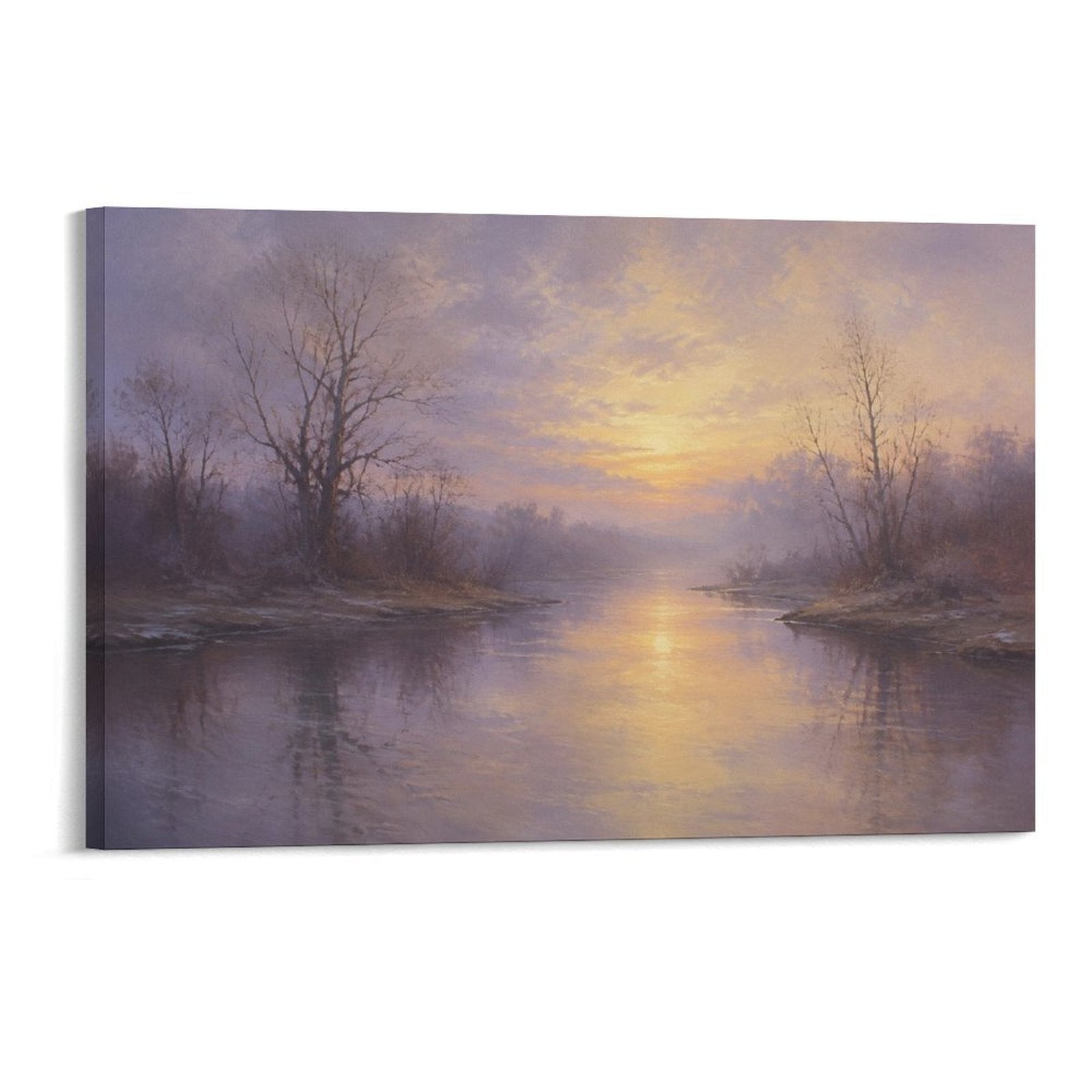 Misty Lavender River Sunrise Bare Trees Atmospheric Old Master Landscape Framed Canvas Wall Art