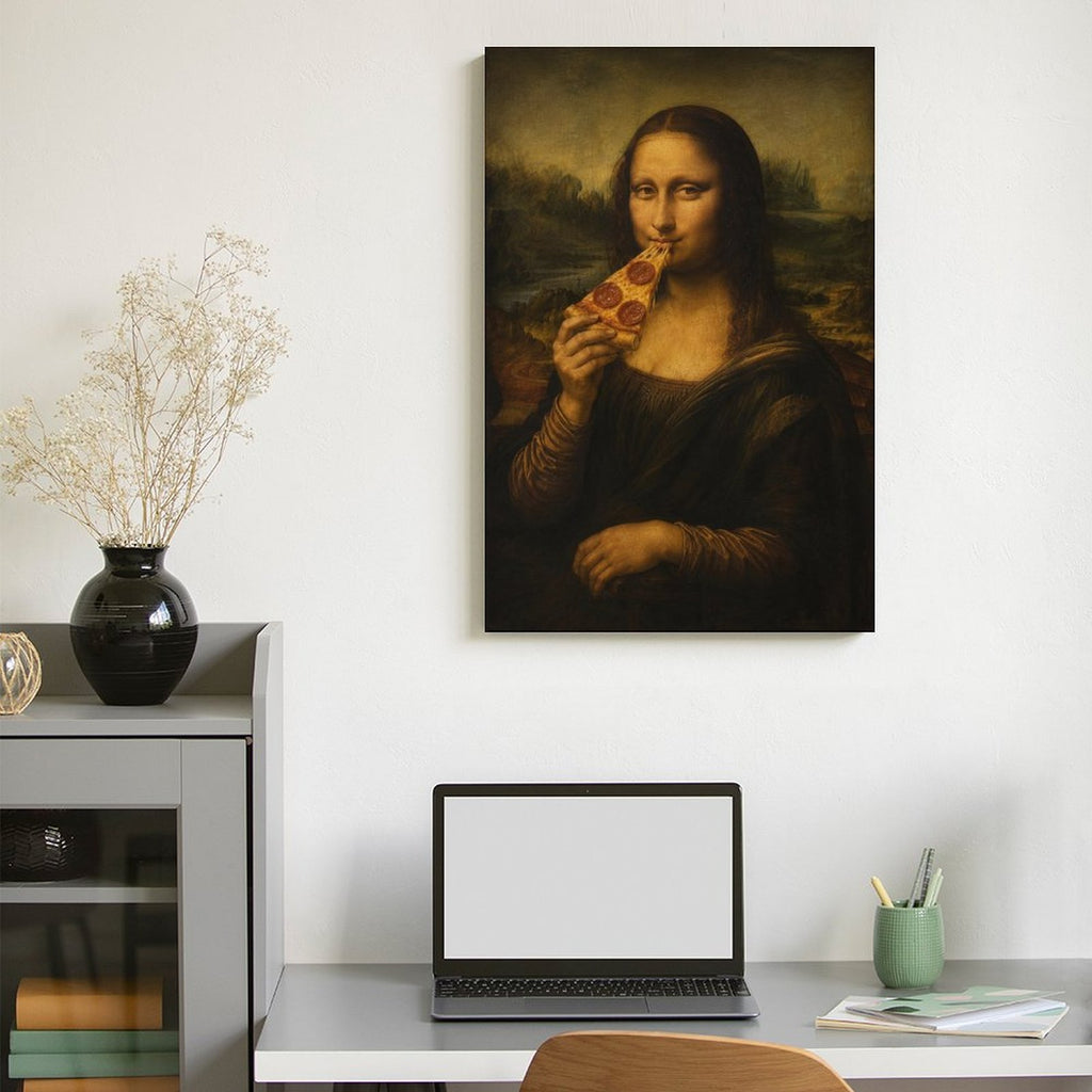 Mona Lisa Eating Pizza Funny Framed Canvas Wall Art | Humorous Pop Art Parody Print