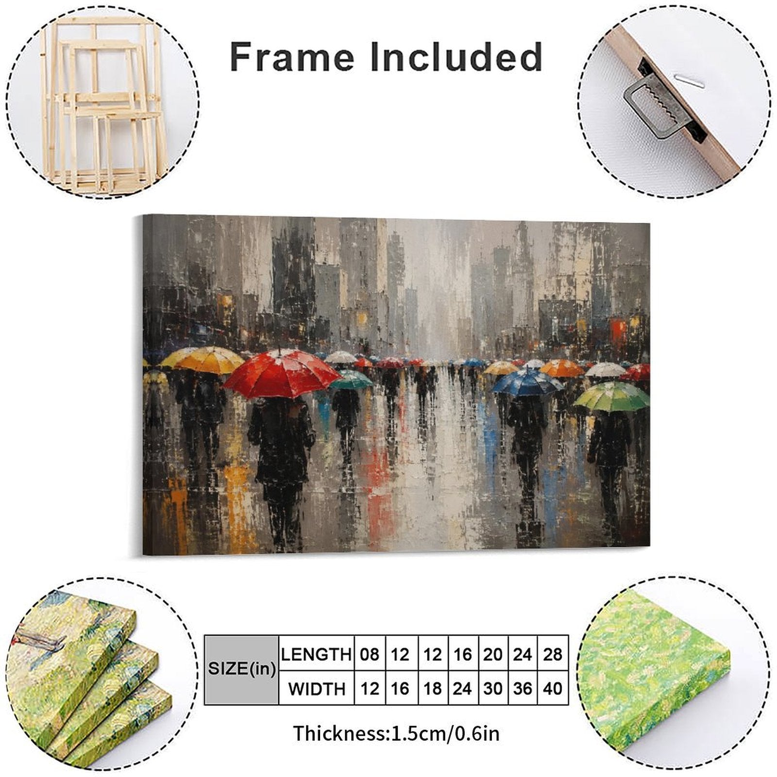 Rainy City Street Colorful Umbrellas Framed Canvas Wall Art | Impressionist Urban Scene Print