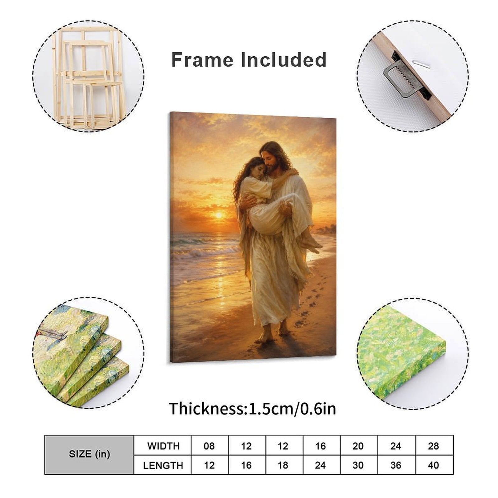 Jesus Carrying Woman Footprints Beach Sunset Framed Canvas Wall Art | Inspirational Religious Print