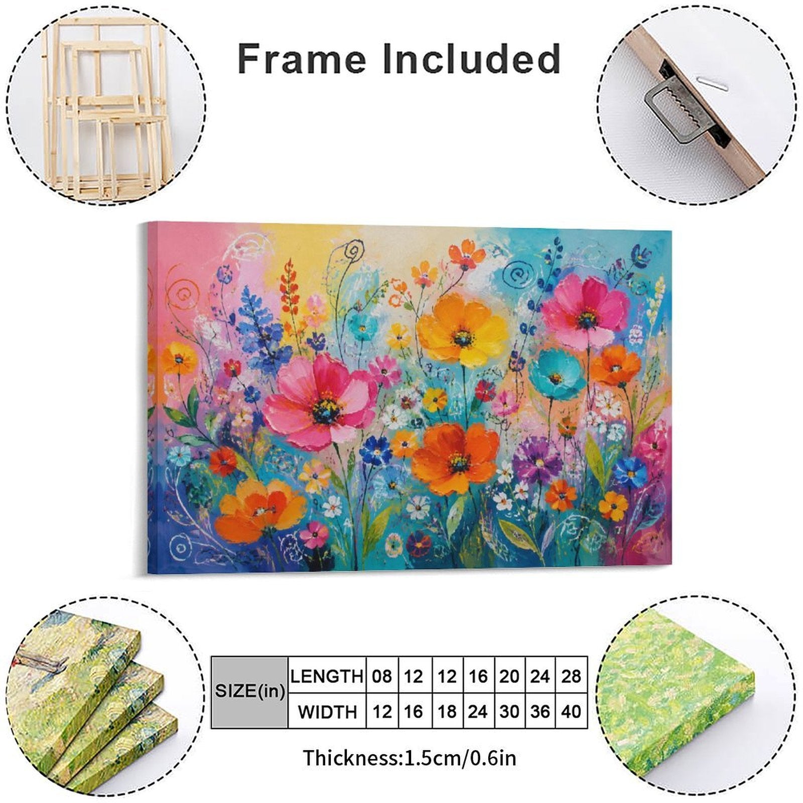 Colorful Wildflower Garden Framed Canvas Wall Art | Joyful Floral Rainbow Print