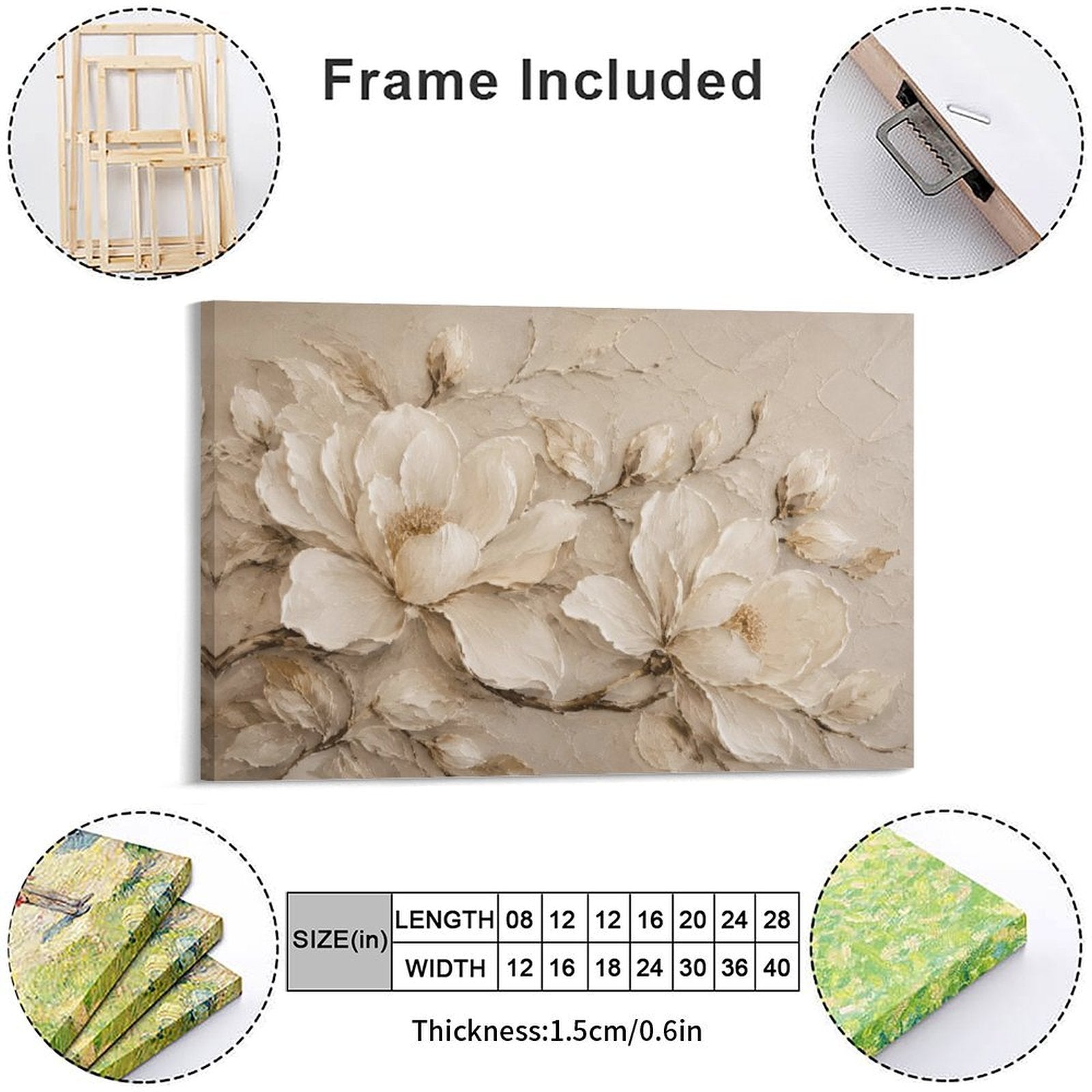 Cream Magnolia Textured Relief Framed Canvas Wall Art | Neutral Luxury Floral Print