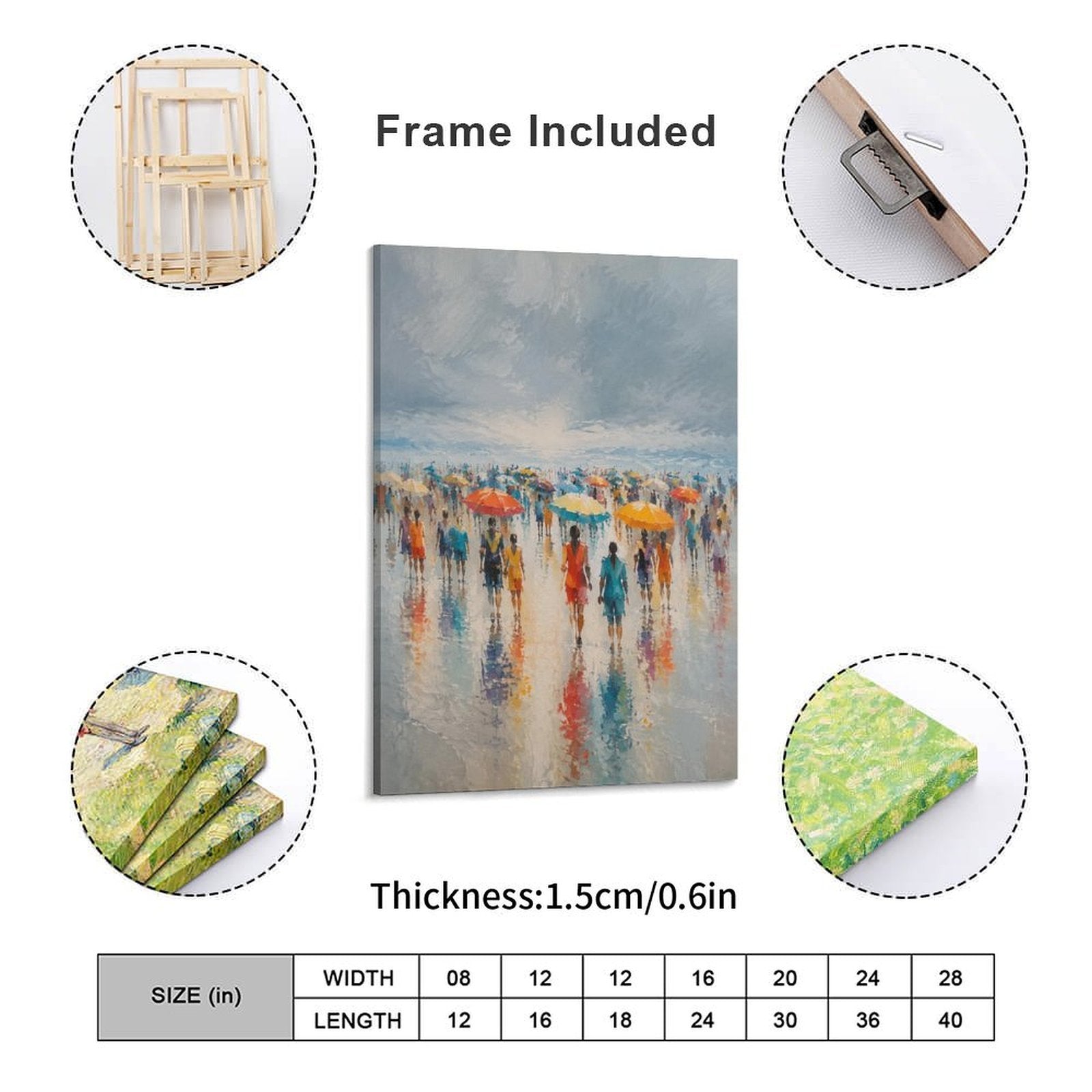 Rainy Beach Crowd Colorful Umbrellas Framed Canvas Wall Art | Impressionist Coastal Figurative Print