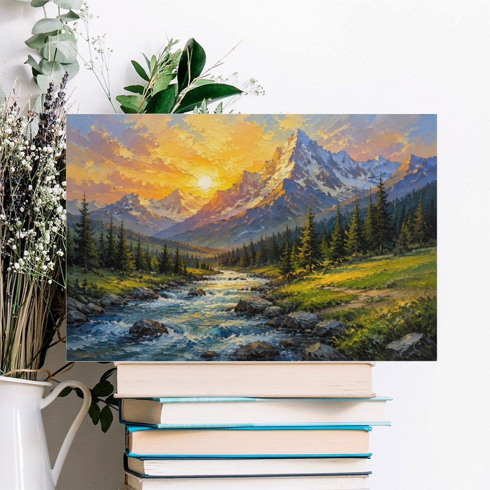 Mountain Stream Golden Sunset Framed Canvas Wall Art | Impressionist Alpine Landscape Print