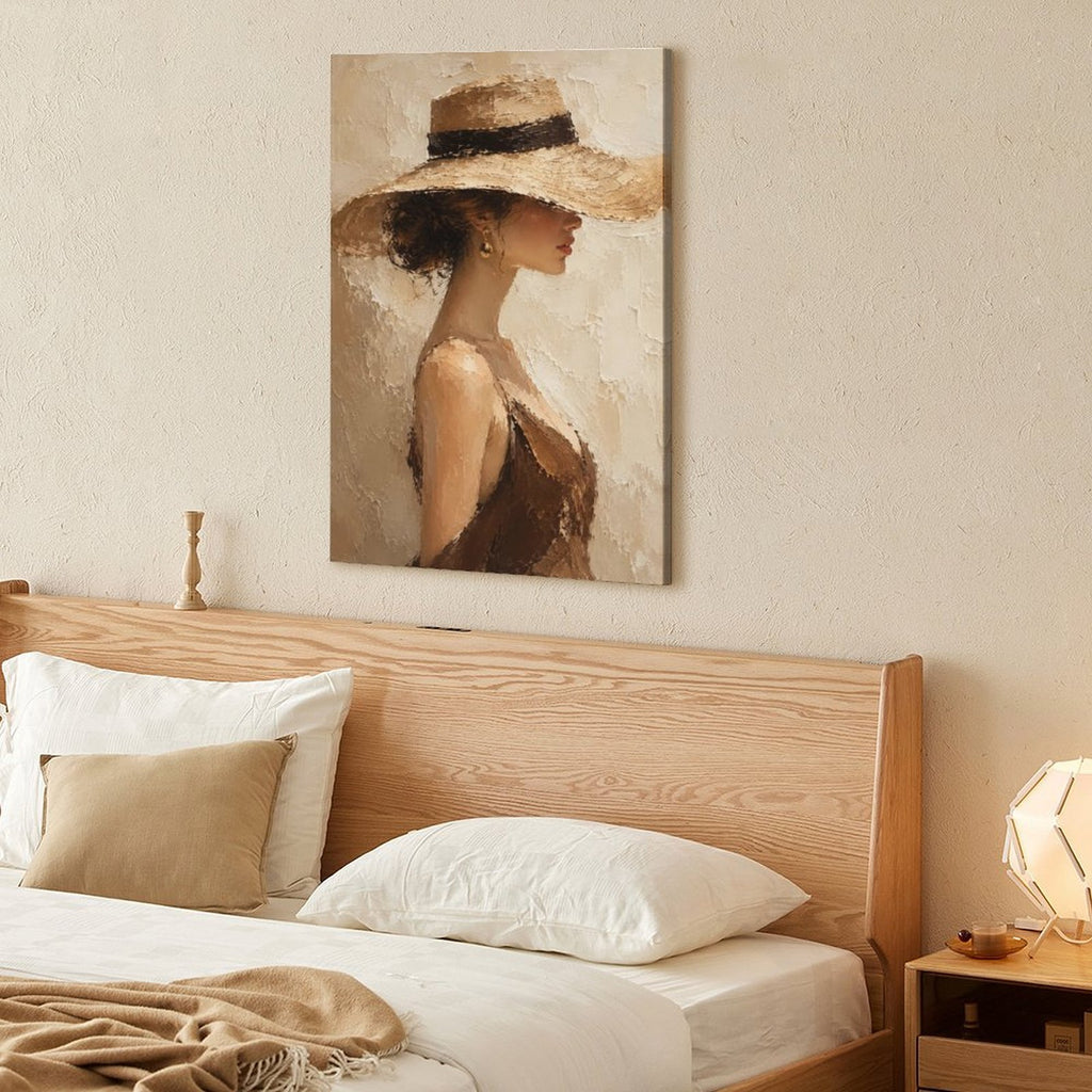 Elegant Woman Wide Brim Hat Textured Framed Canvas Wall Art | Neutral Figurative Portrait Print