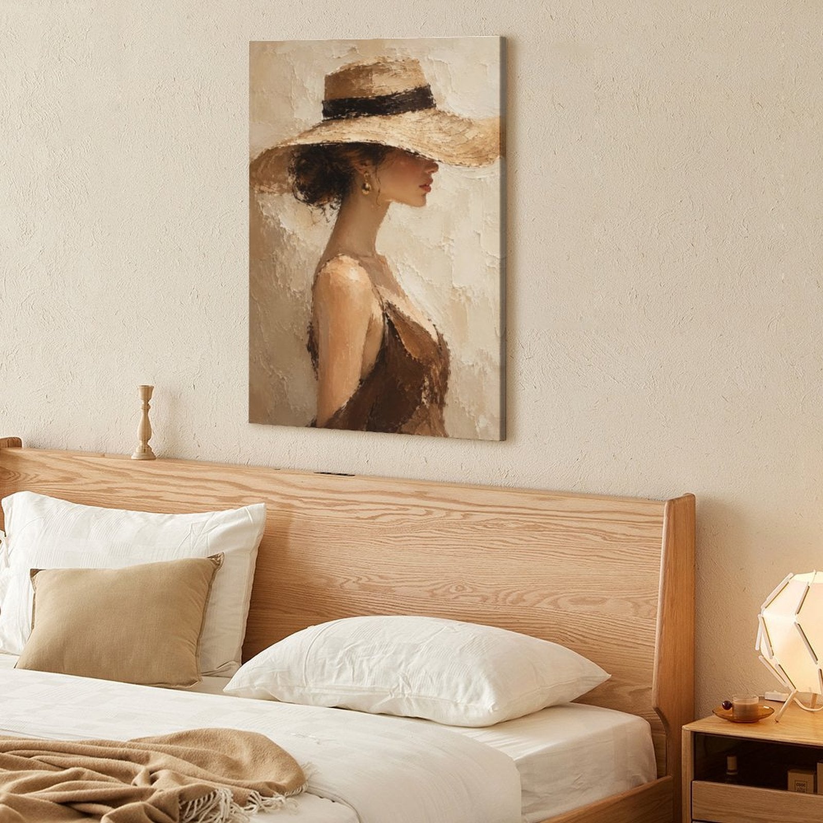 Elegant Woman Wide Brim Hat Textured Framed Canvas Wall Art | Neutral Figurative Portrait Print