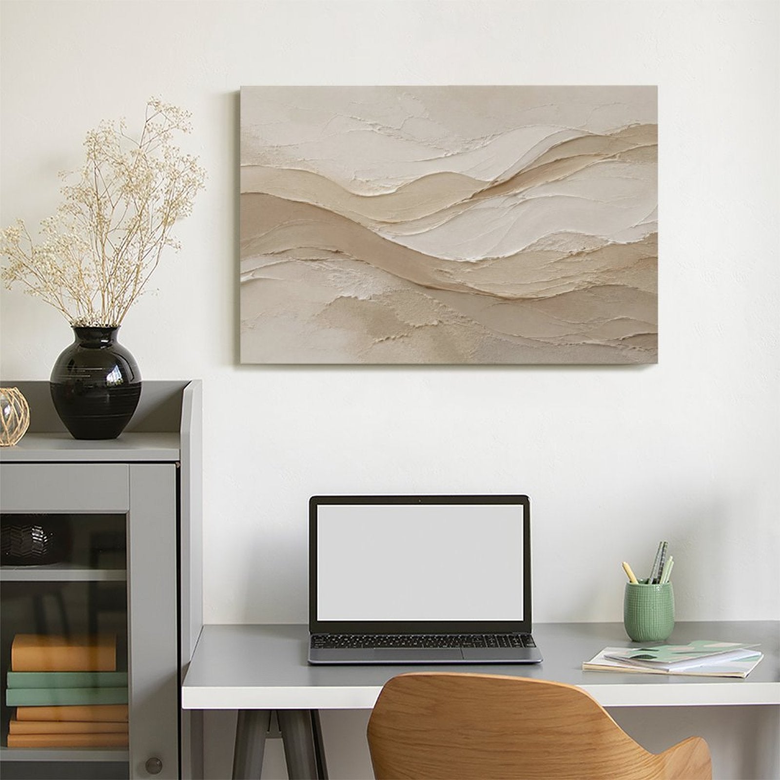 Warm Tan Sand Dune Textured Abstract Framed Canvas Wall Art | Neutral Wabi-Sabi Print