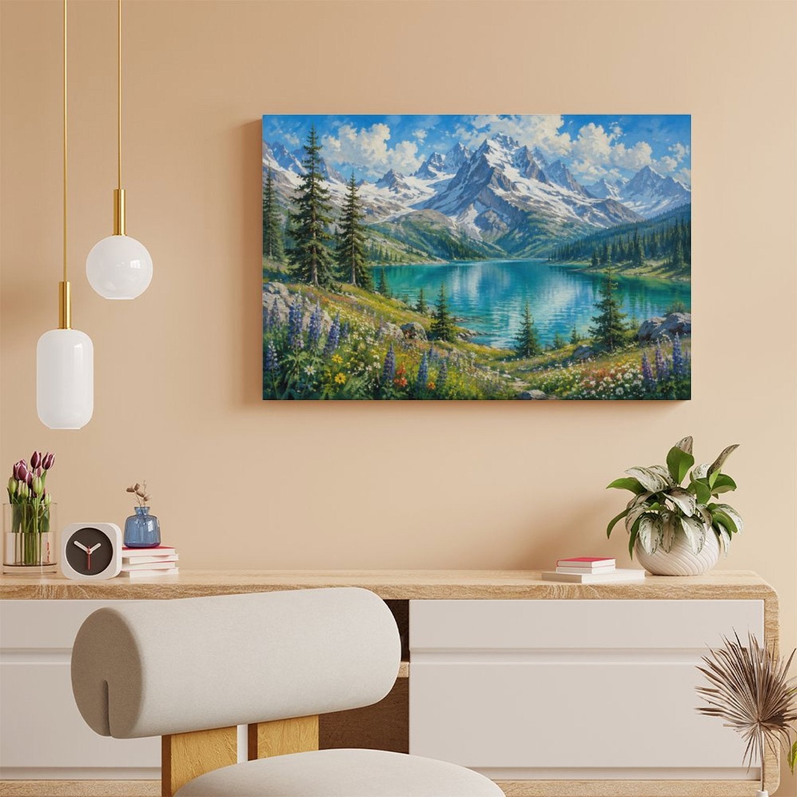 Alpine Turquoise Lake Wildflower Meadow Framed Canvas Wall Art | Mountain Landscape Print
