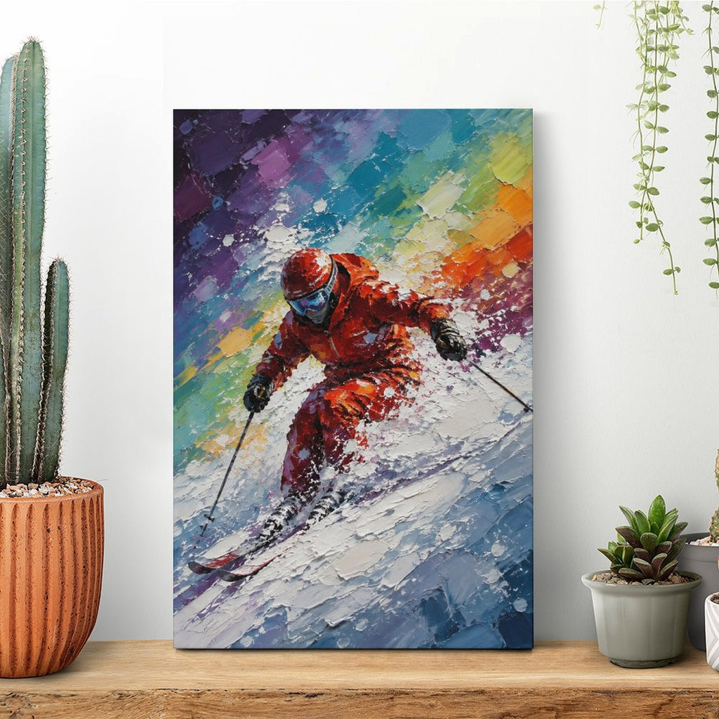 Dynamic Skier Red Suit Colorful Abstract Framed Canvas Wall Art | Winter Sports Textured Print