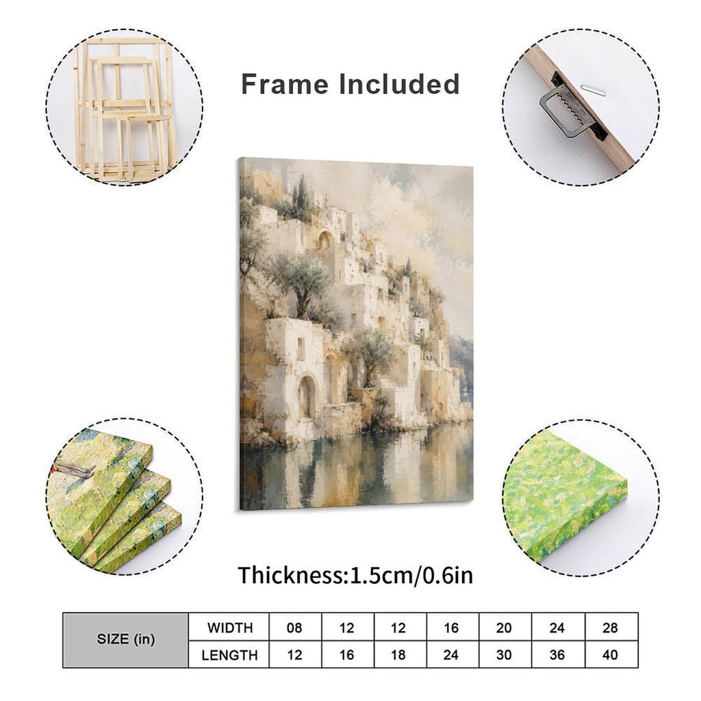 Mediterranean Waterfront Village Framed Canvas Wall Art | Vintage Watercolor Architecture Print