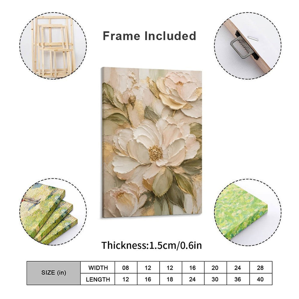 Cream Gold Peony Textured Framed Canvas Wall Art | Luxury Floral Relief Print