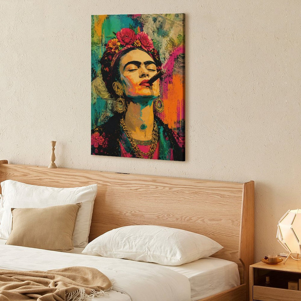 Frida-Style Pop Art Woman with Cigar Framed Canvas Wall Art | Bold Feminist Portrait Print