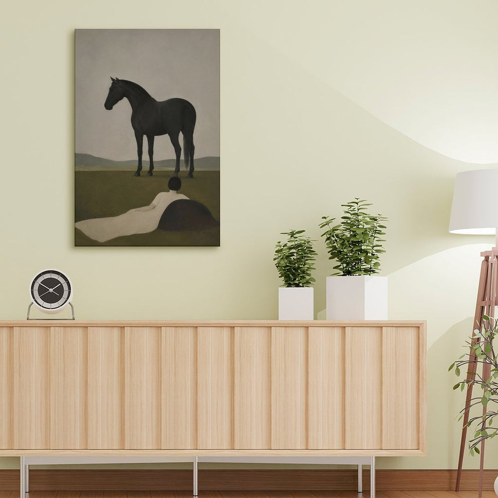 Woman & Black Horse Minimalist Framed Canvas Wall Art | Moody Figurative Print