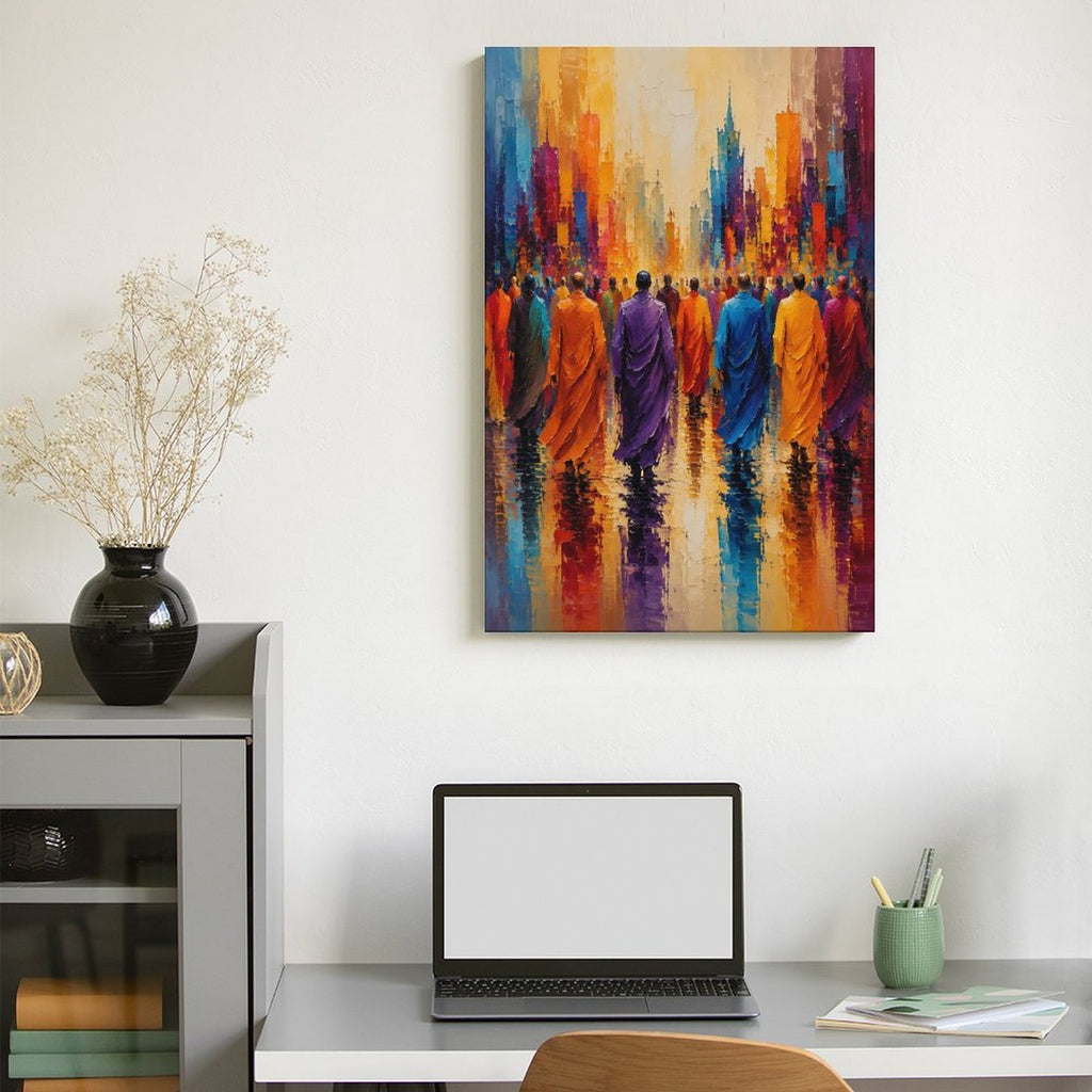 Buddhist Monks Colorful City Walk Framed Canvas Wall Art | Spiritual Expressionist Print