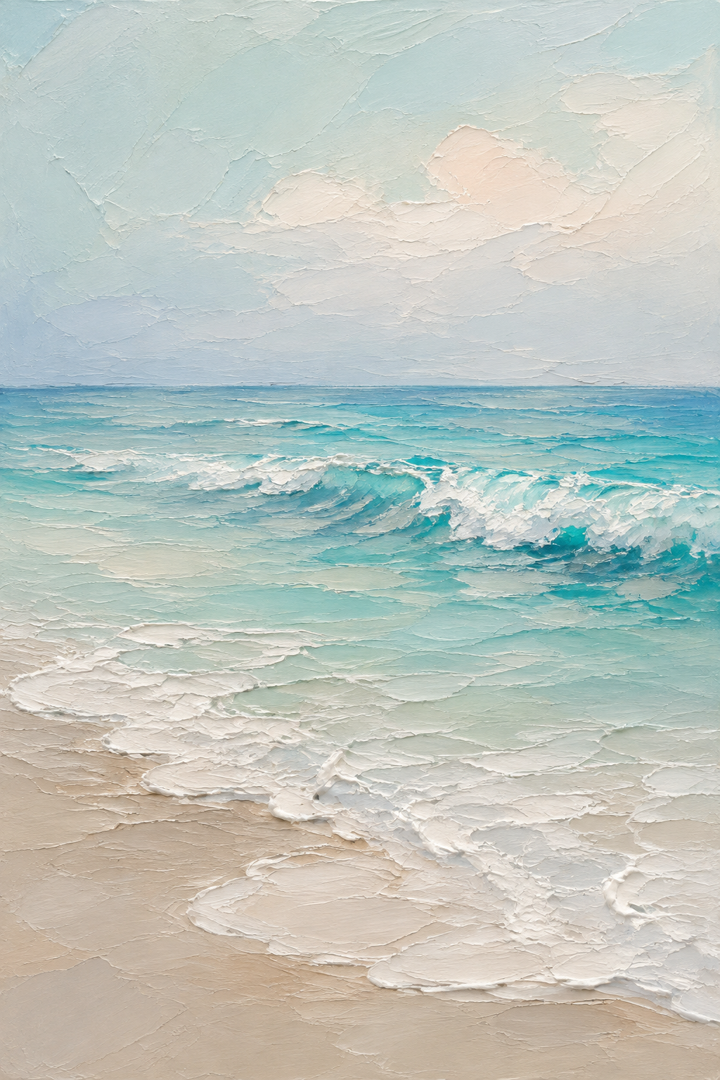 Serene Beach Waves Framed Canvas Wall Art | Soft Teal Coastal Oil Painting Print