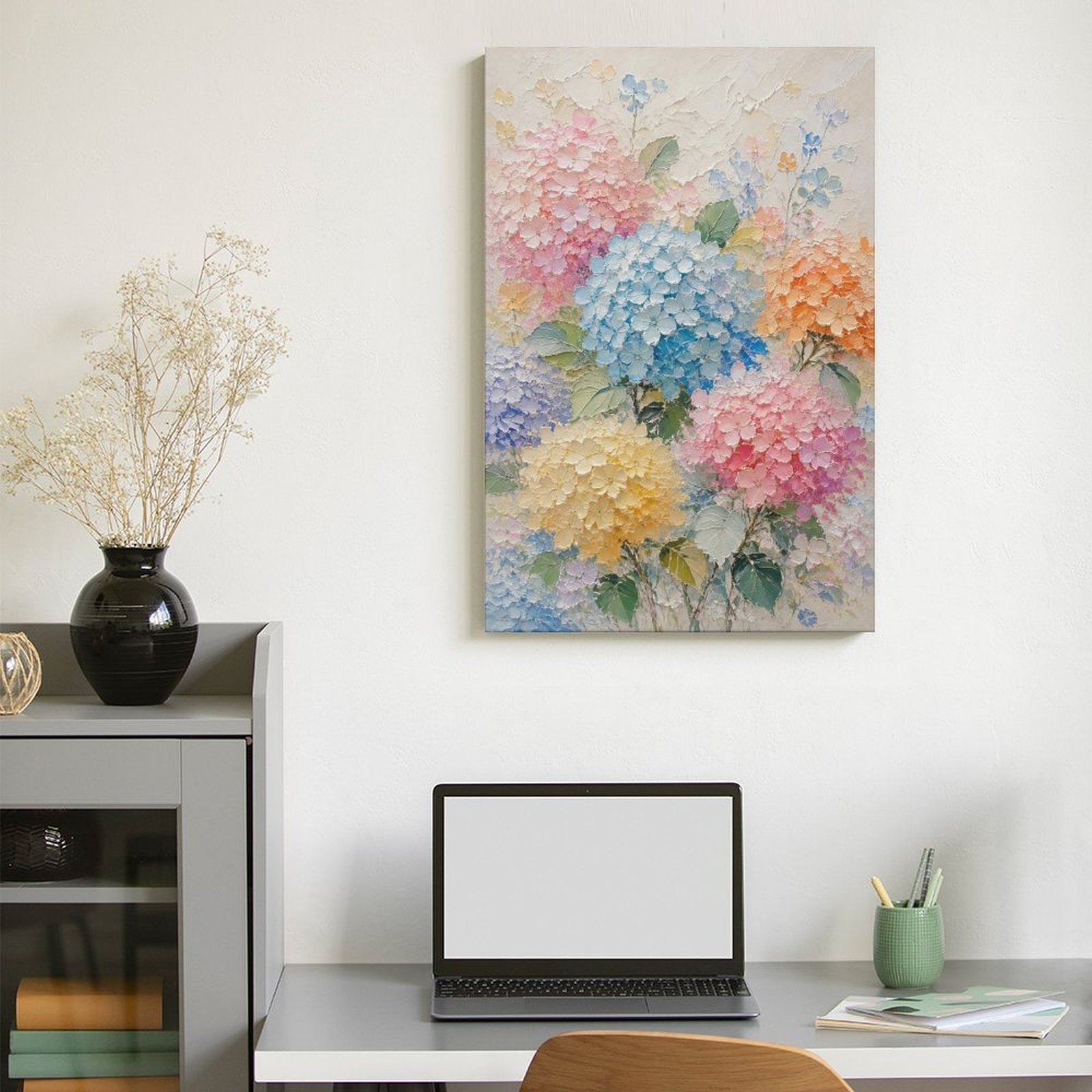 Colorful Hydrangea Garden Textured Framed Canvas Wall Art | Pastel Floral Relief Print