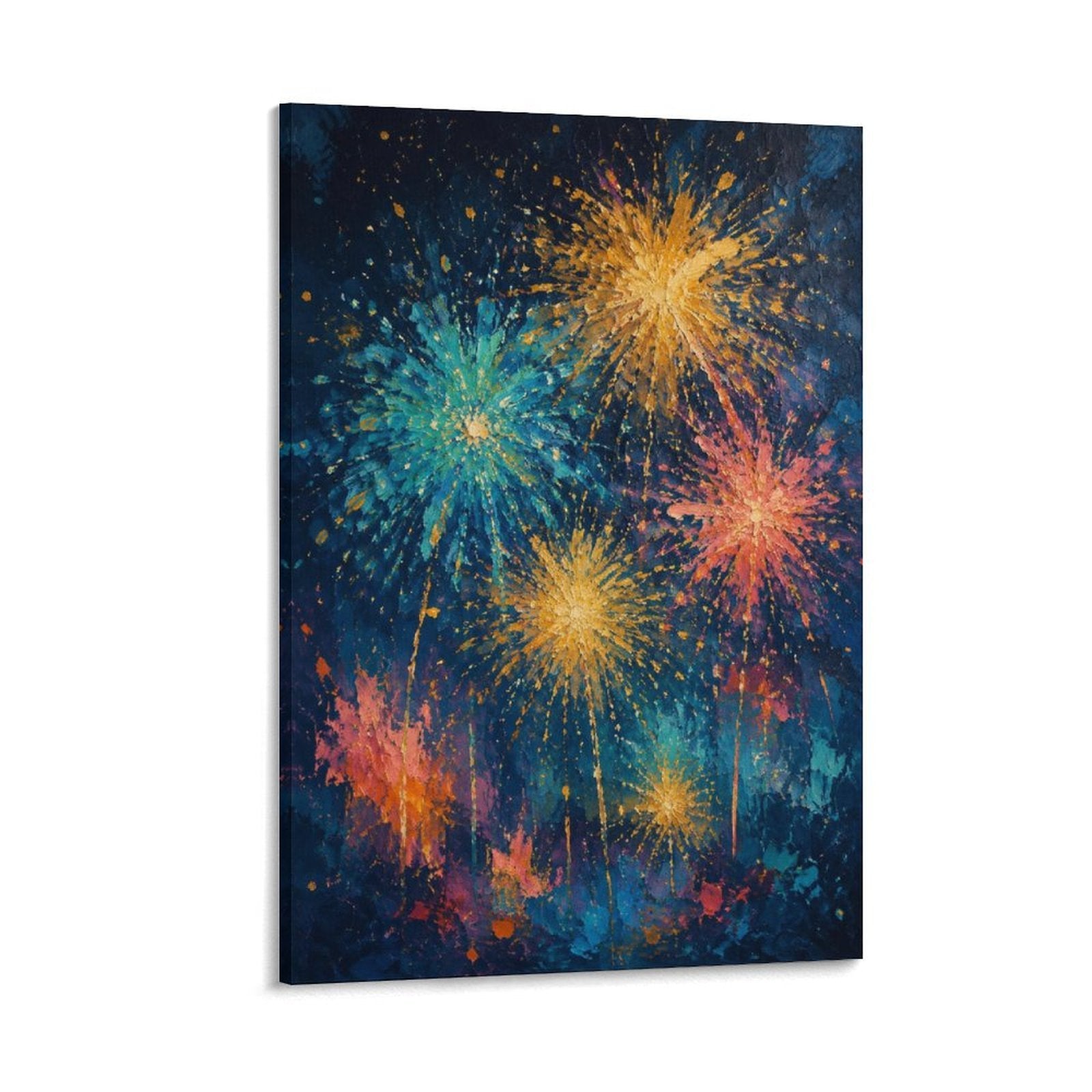 Colorful Fireworks Night Sky Impressionist Festive Celebration Framed Canvas Wall Art