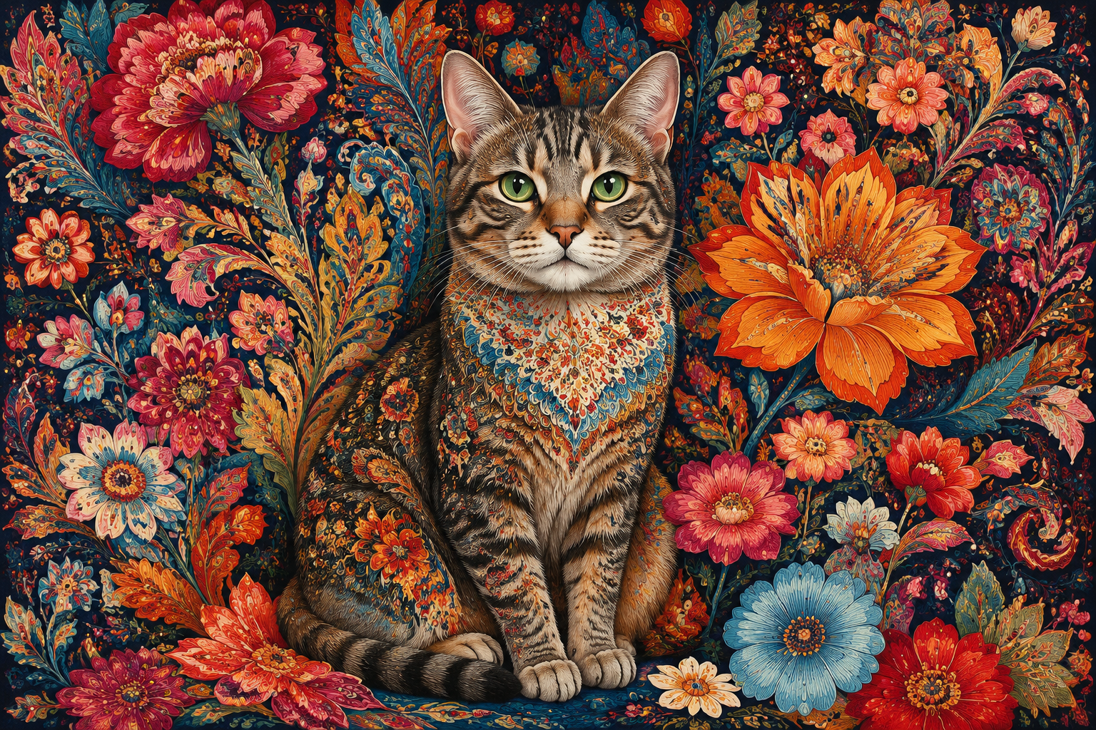 Persian Floral Tabby Cat Framed Canvas Wall Art | Folk Art Botanical Animal Print