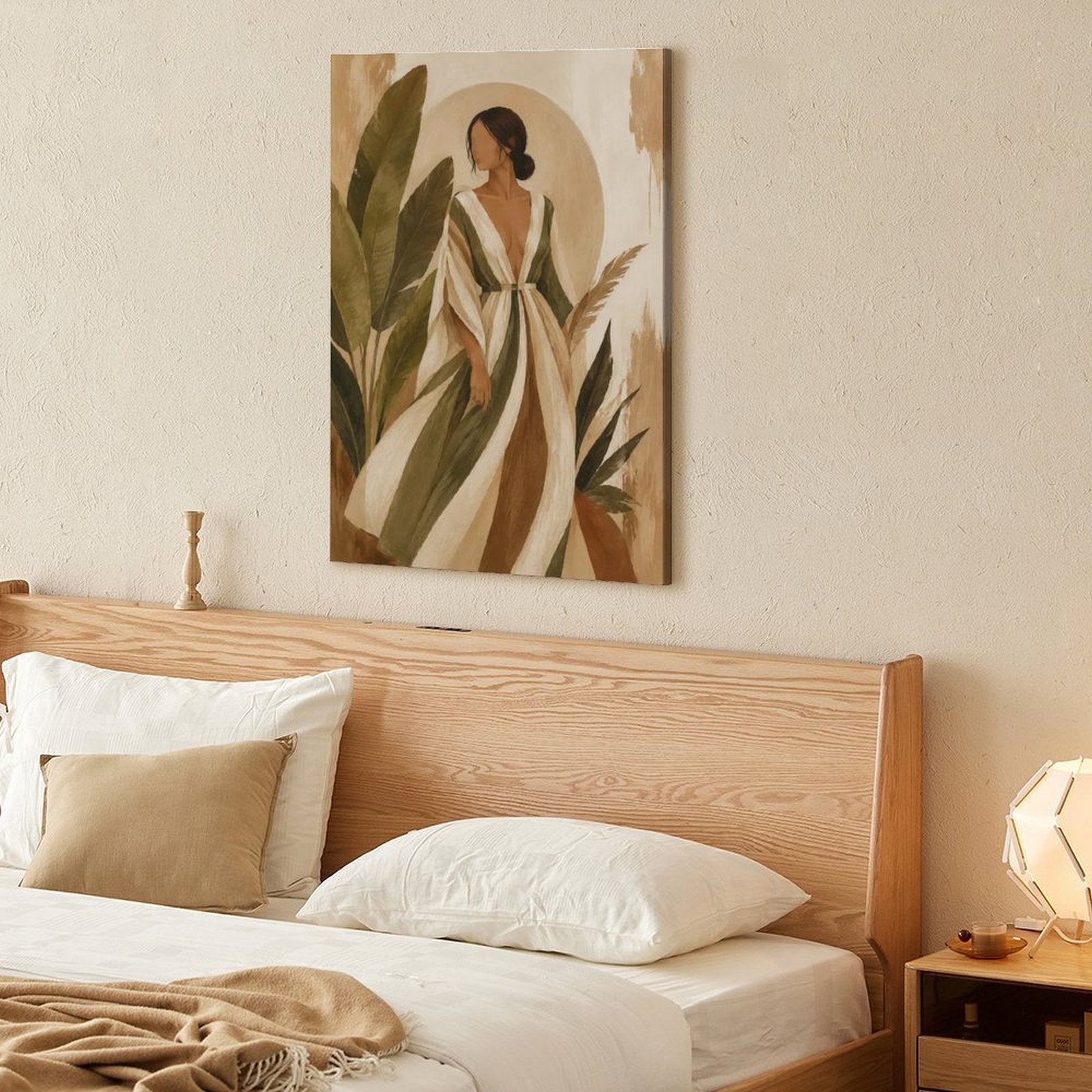 Boho Woman Striped Dress Tropical Leaves Framed Canvas Wall Art | Neutral Figurative Botanical Print