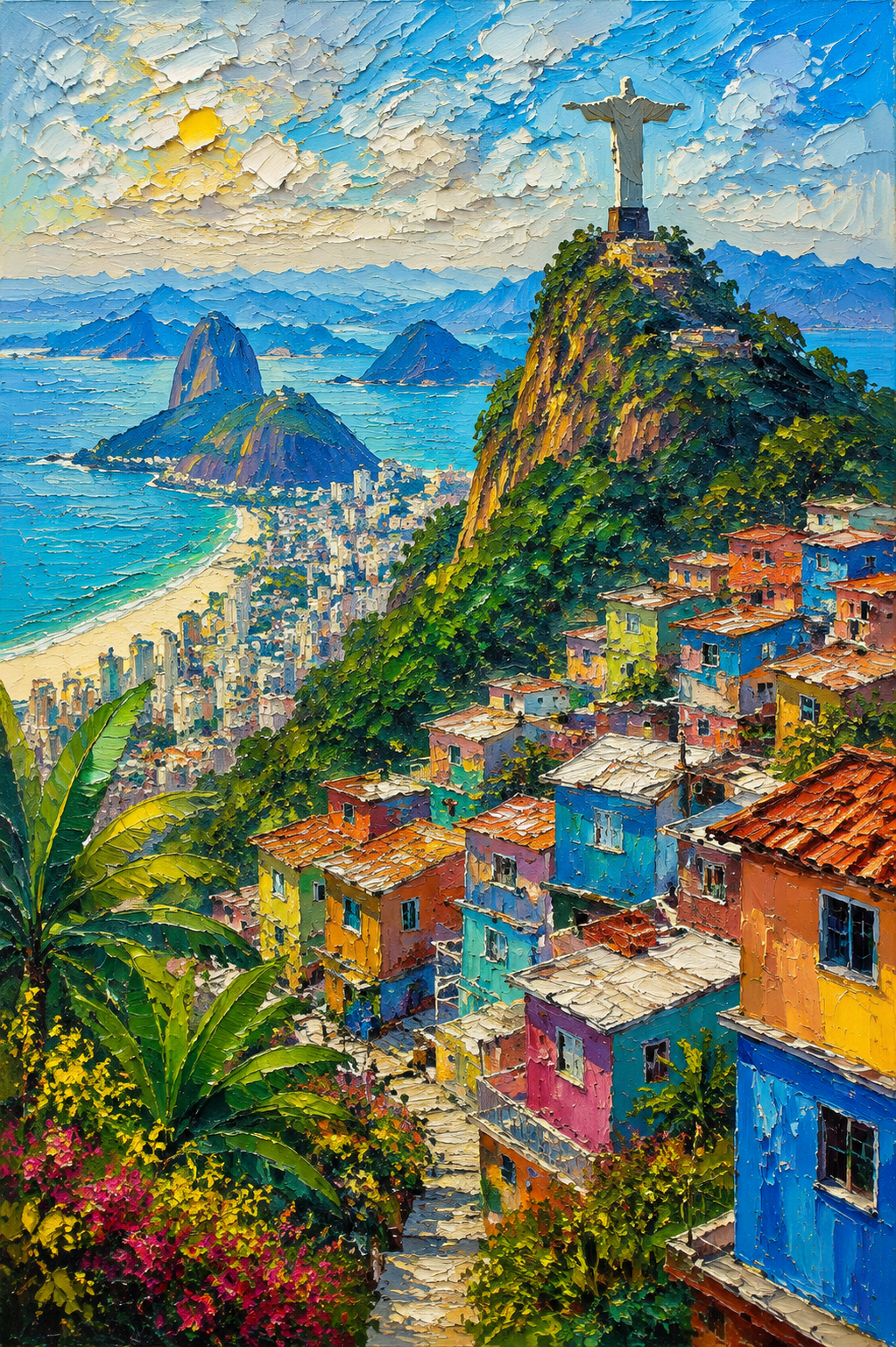 Rio de Janeiro Christ the Redeemer Favela Panorama Framed Canvas Wall Art | Impressionist Brazil Cityscape Print