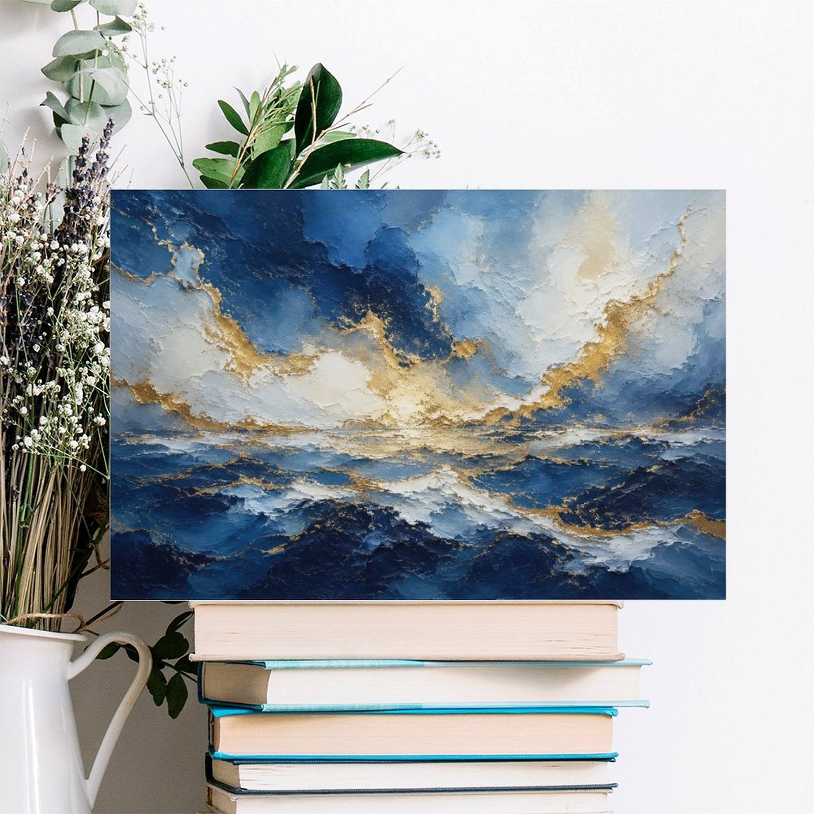 Abstract Navy Blue Gold Ocean Storm Framed Canvas Wall Art | Luxury Seascape Textured Print