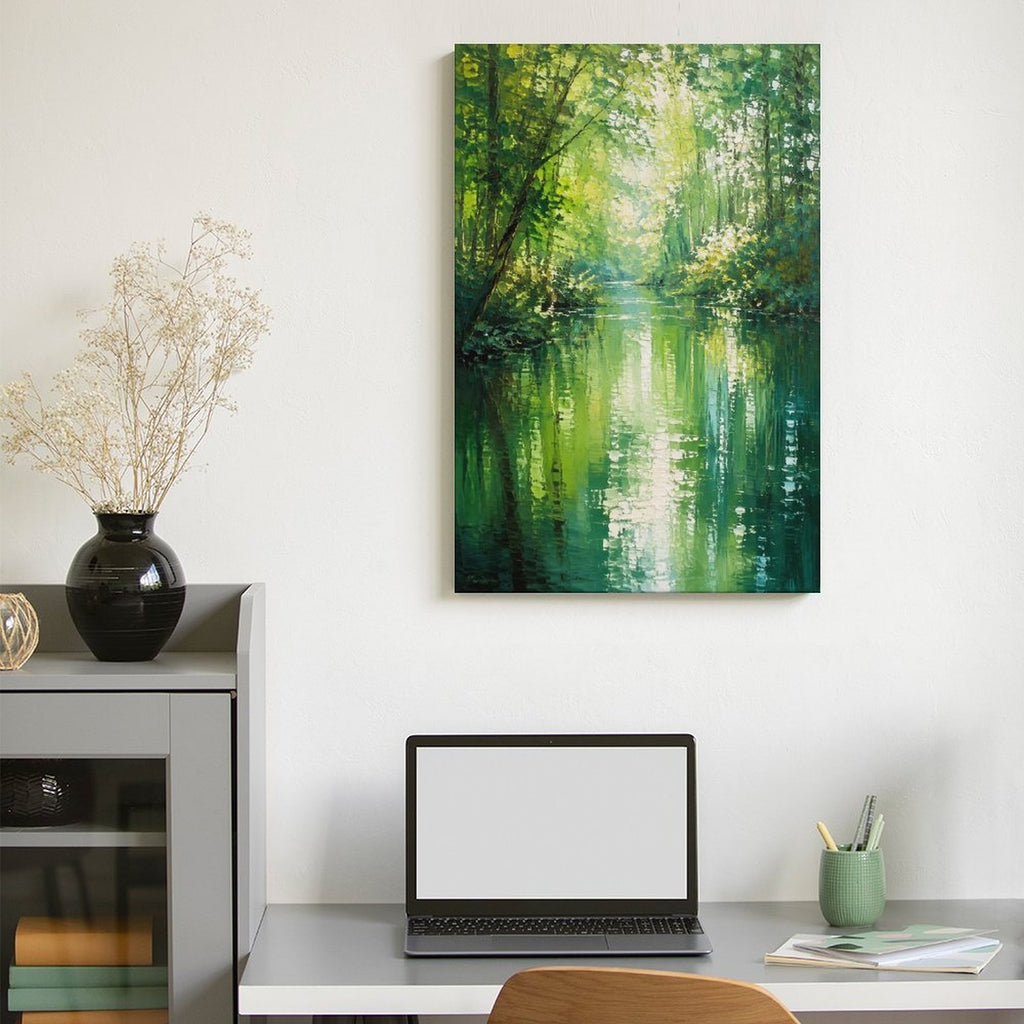 Emerald Forest River Monet-Style Framed Canvas Wall Art | Impressionist Green Nature Print