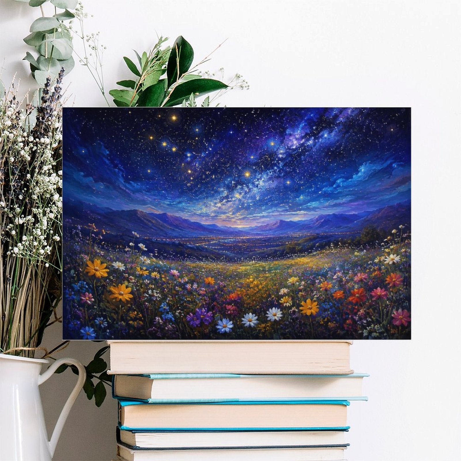 Starry Night Wildflower Meadow Framed Canvas Wall Art | Galaxy Sky Colorful Floral Landscape Print