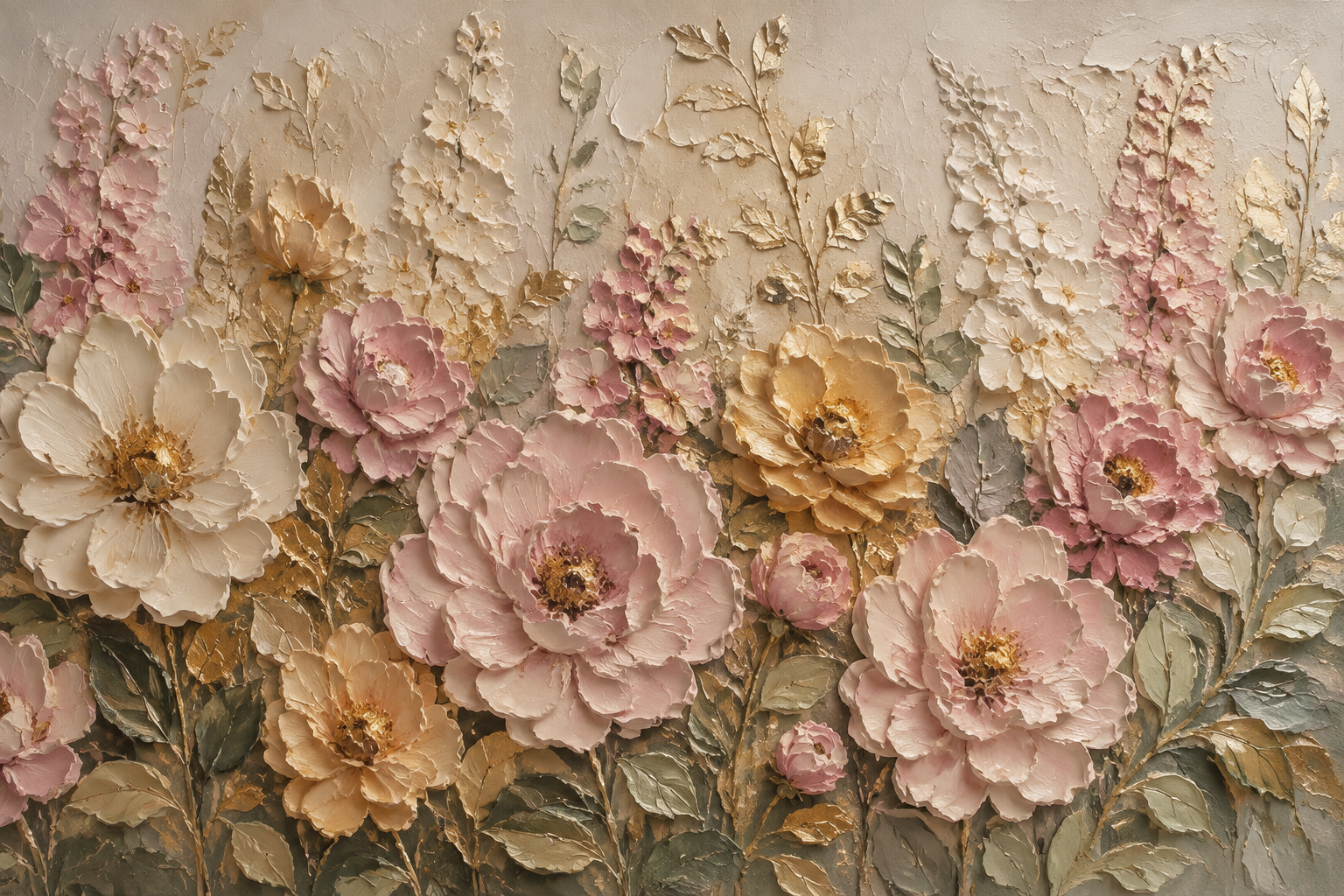 Pink Rose Cream Peony Gold Floral Textured Framed Canvas Wall Art | French Romantic Relief Print