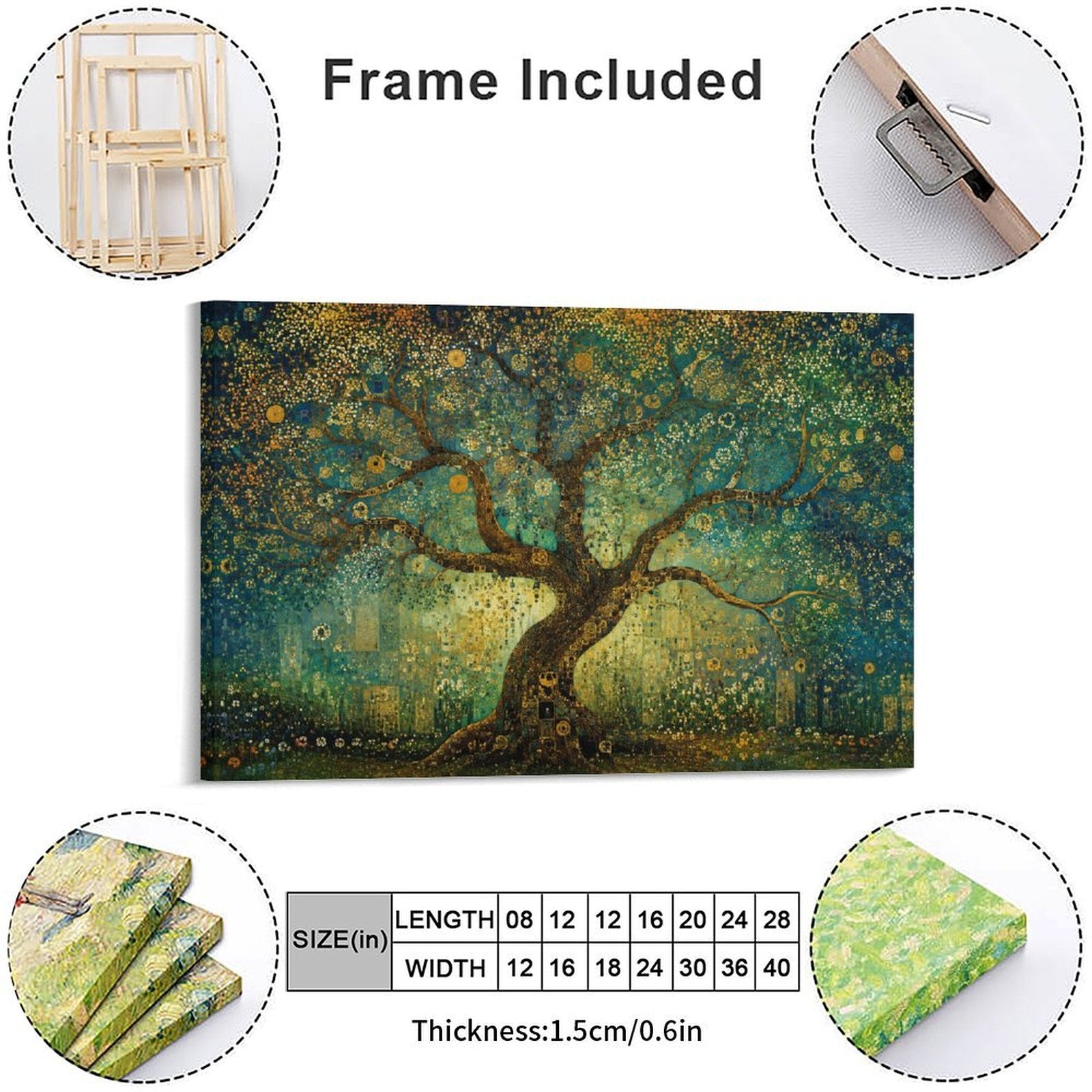 Klimt-Style Tree of Life Gold Mosaic Framed Canvas Wall Art | Art Nouveau Teal Print