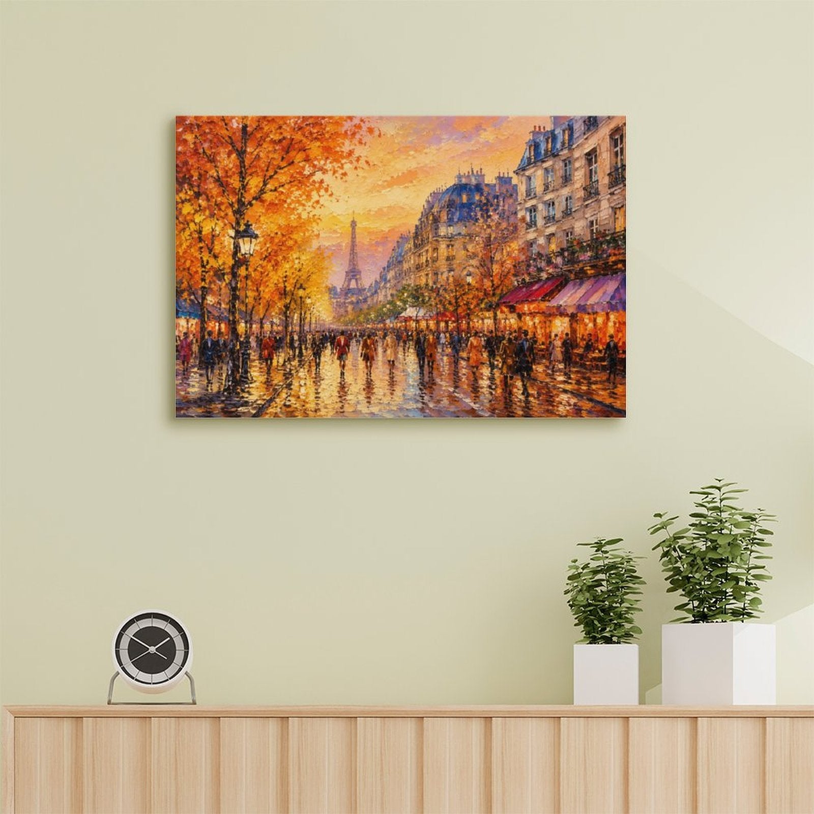 Paris Autumn Street Eiffel Tower Cafe Framed Canvas Wall Art | Impressionist French City Print